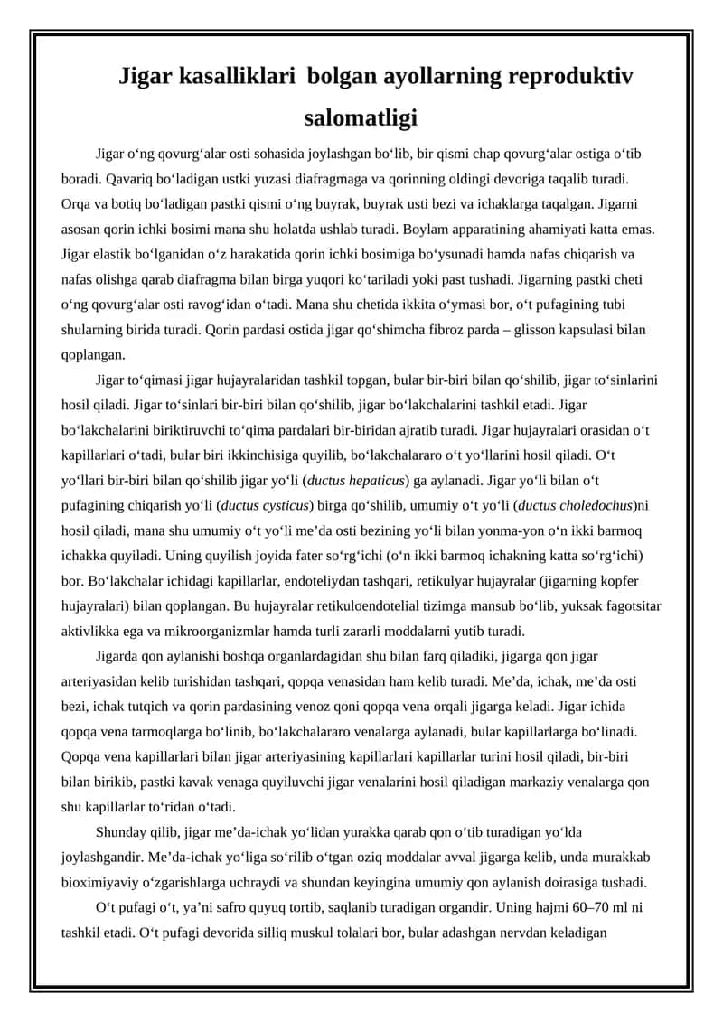 Jigar kasalliklari bolgan ayollarning reproduktiv salomatligi 1