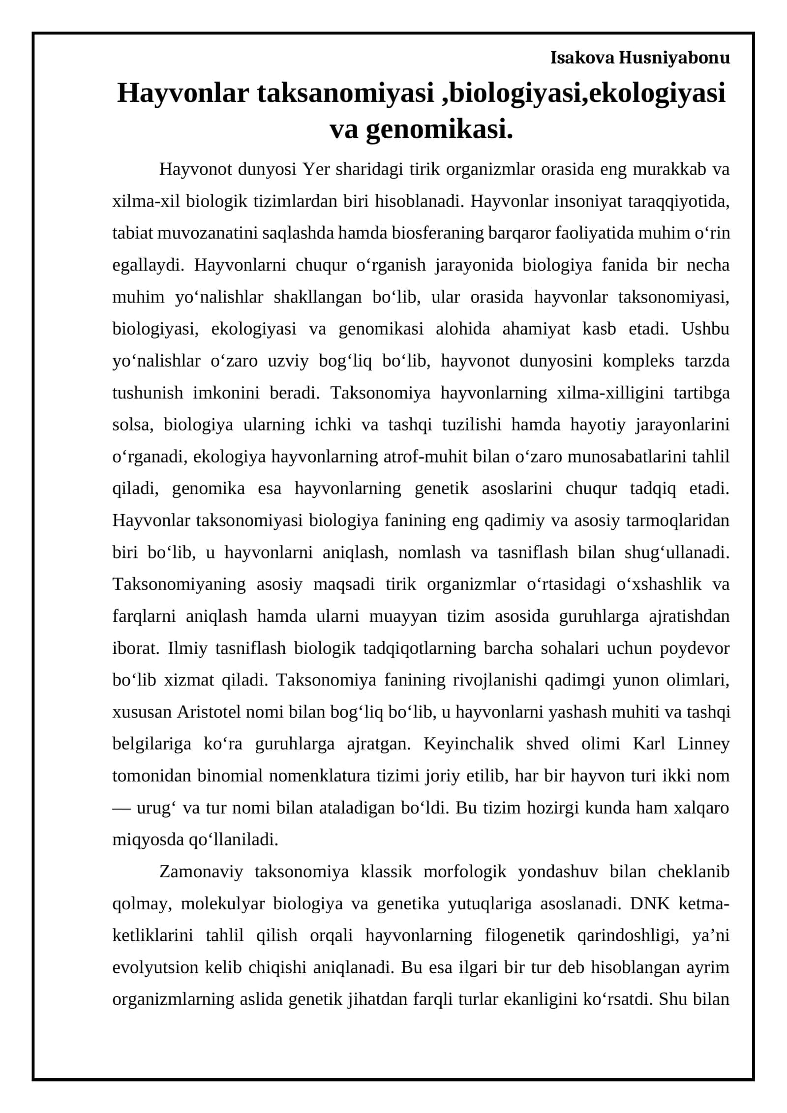 Hayvonlar taksanomiyasi, biologiyasi, ekologiyasi va genomikasi 1