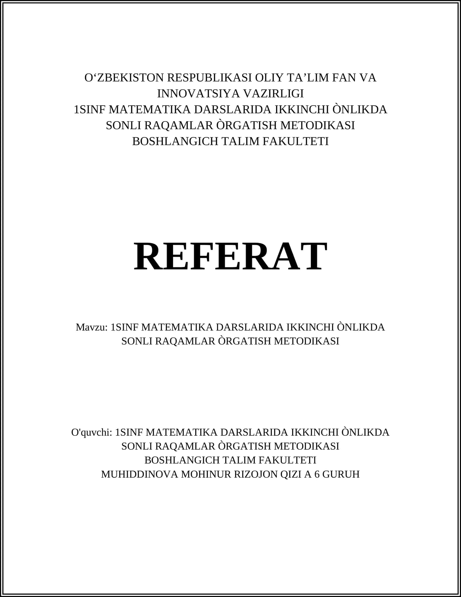 1SINF MATEMATIKA DARSLARIDA IKKINCHI ÒNLIKDA SONLI RAQAMLAR ÒRGATISH METODIKASI 1