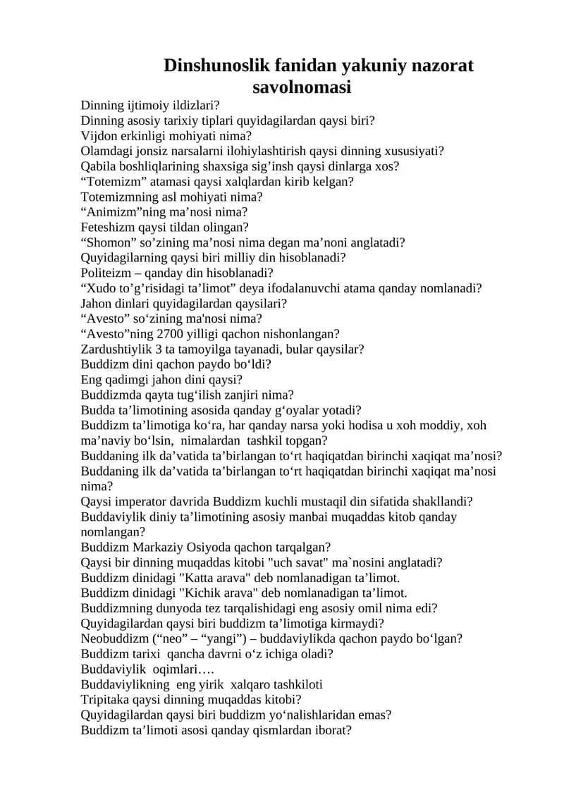 Dinshunoslik fanidan yakuniy nazorat savolnomasi 1