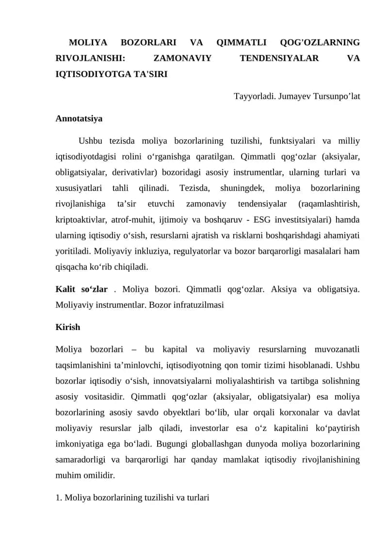 Moliya Bozorlari va Qimmatli Qog'ozlarning Rivojlanishi 1