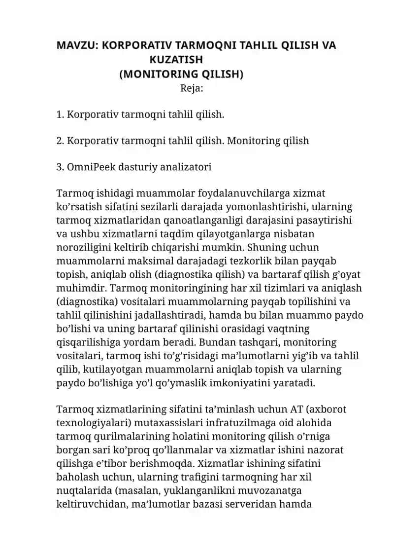 KORPORATIV TARMOQNI TAHLIL QILISH VA KUZATISH (MONITORING QILISH)