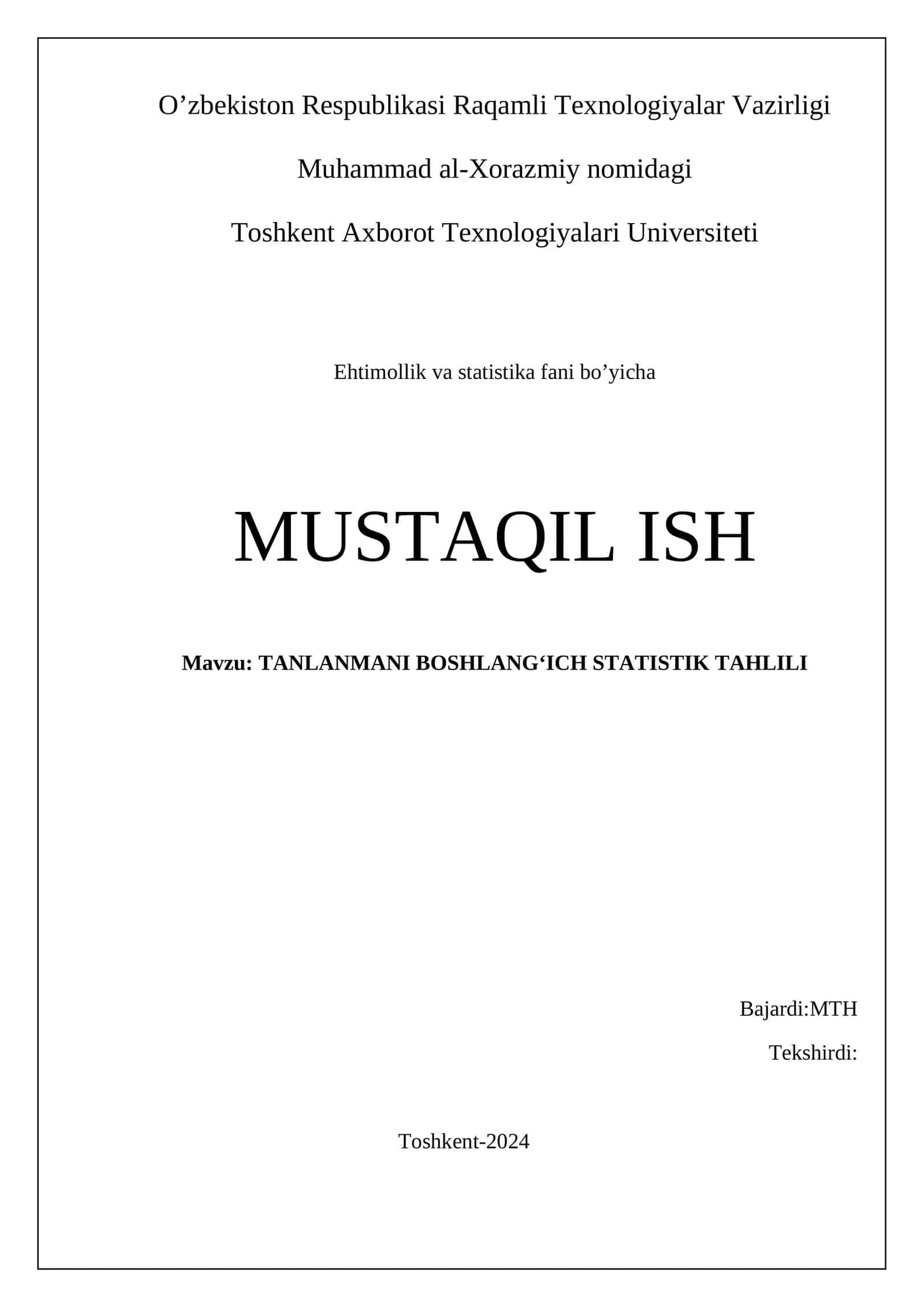 ehtimollar va statistika fanidan TANLANMANI BOSHLANG‘ICH STATISTIK TAHLILI mavzusida mustaqil ish 1