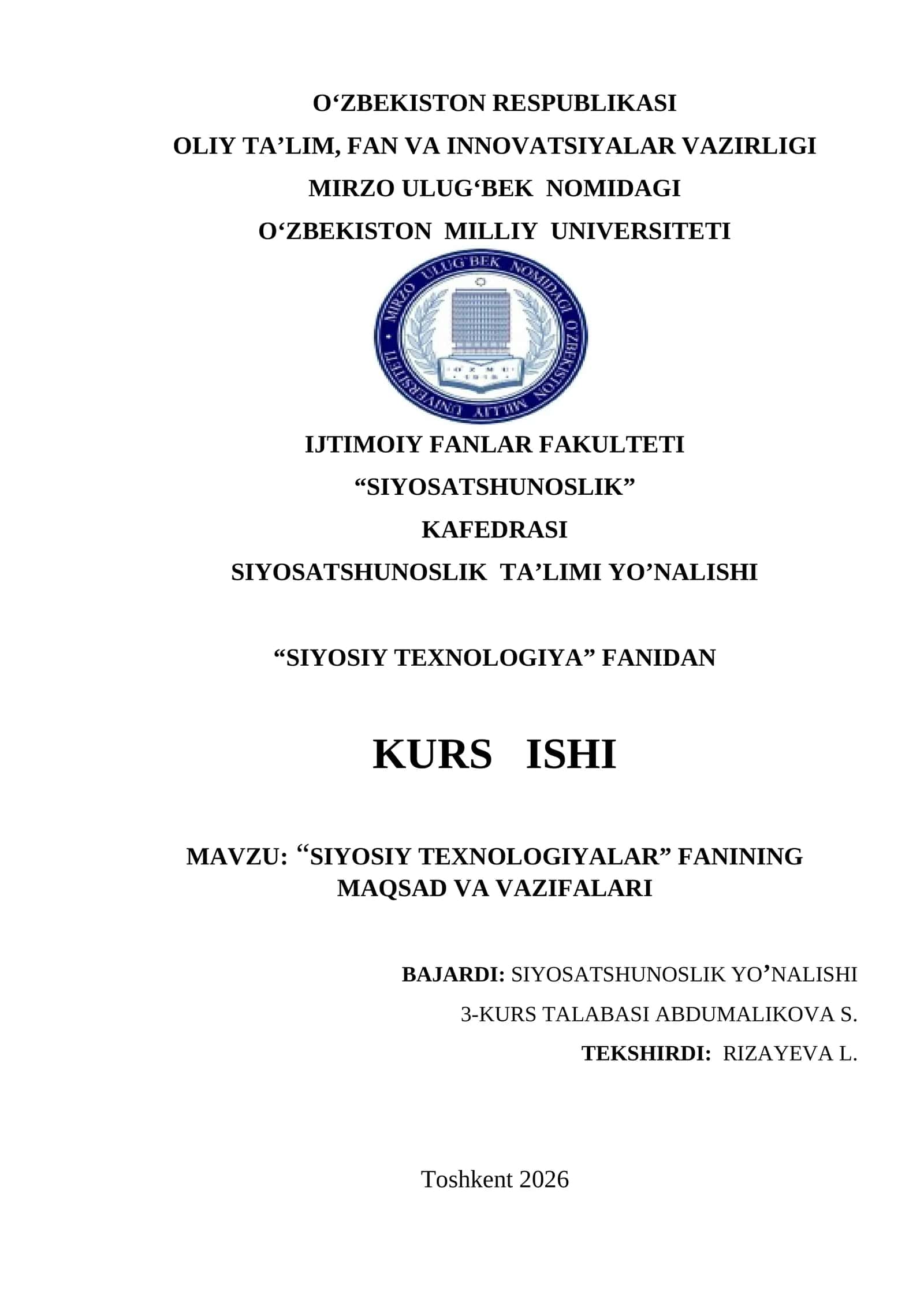 SIYOSIY TEXNOLOGIYALAR” FANINING MAQSAD VA VAZIFALARI 1