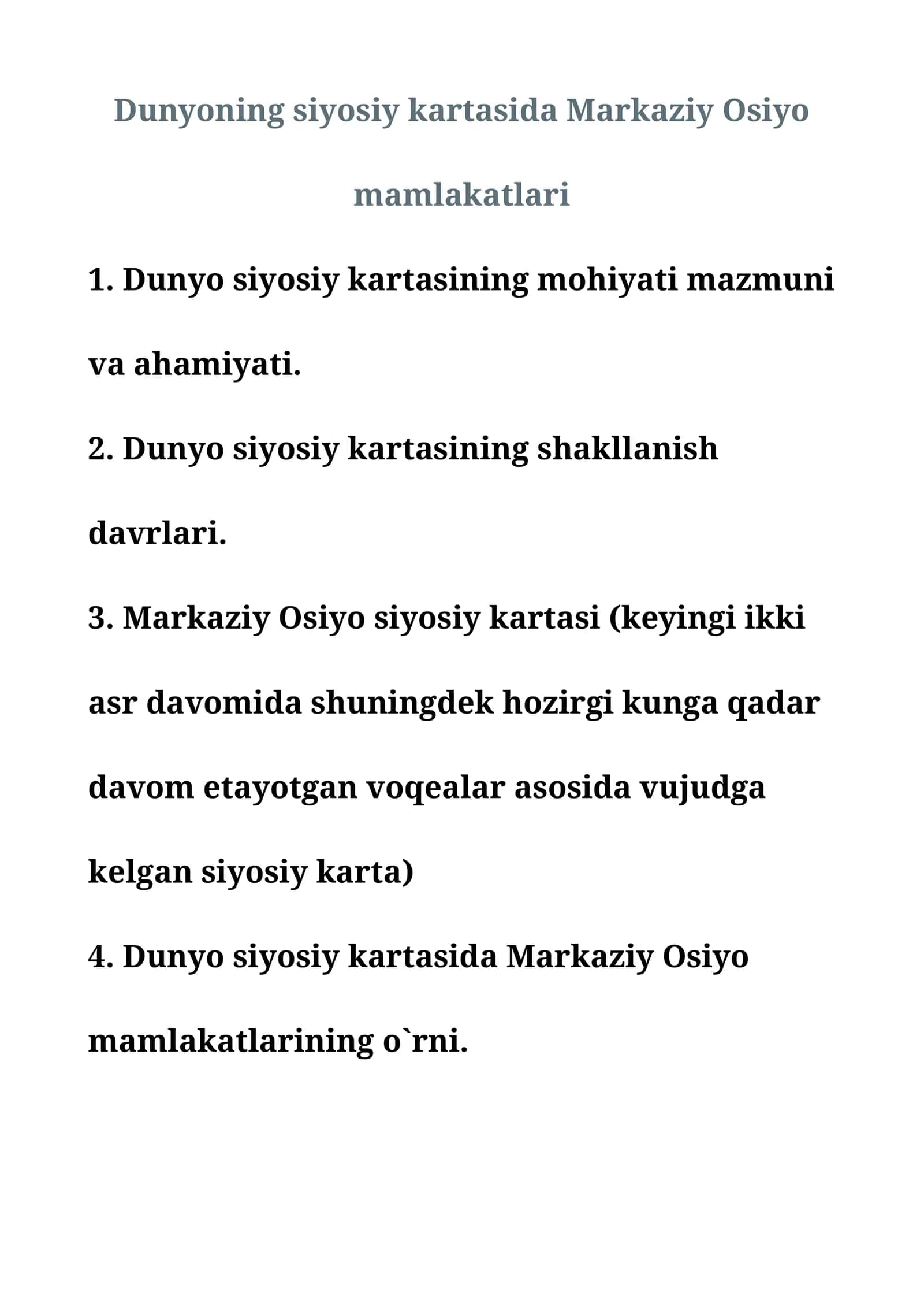 Dunyoning siyosiy kartasida Markaziy Osiyo mamlakatlari 1