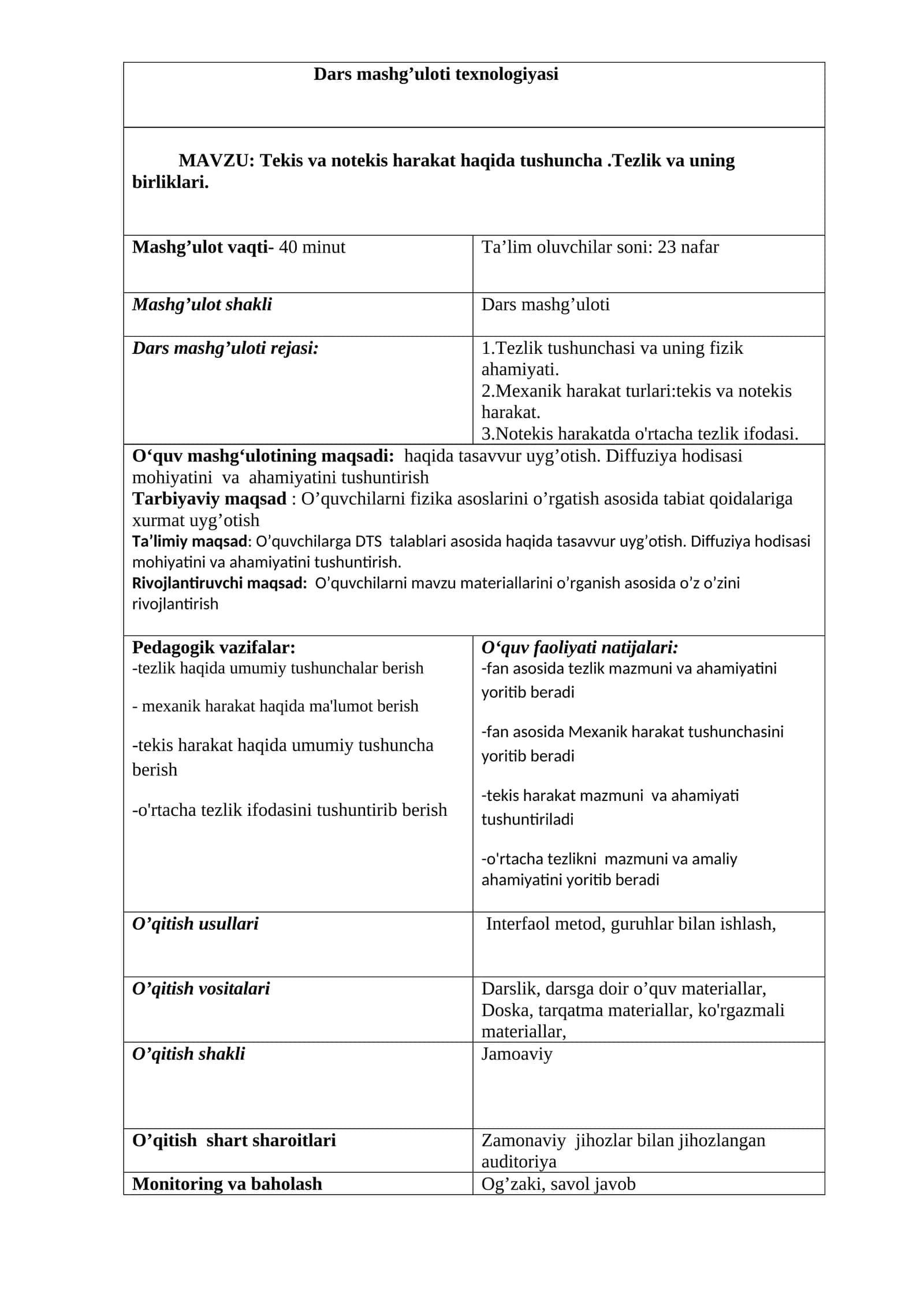 Tekis va notekis harakat haqida tushuncha .Tezlik va uning birliklari mavzusida tayyor dars islanmasi 1
