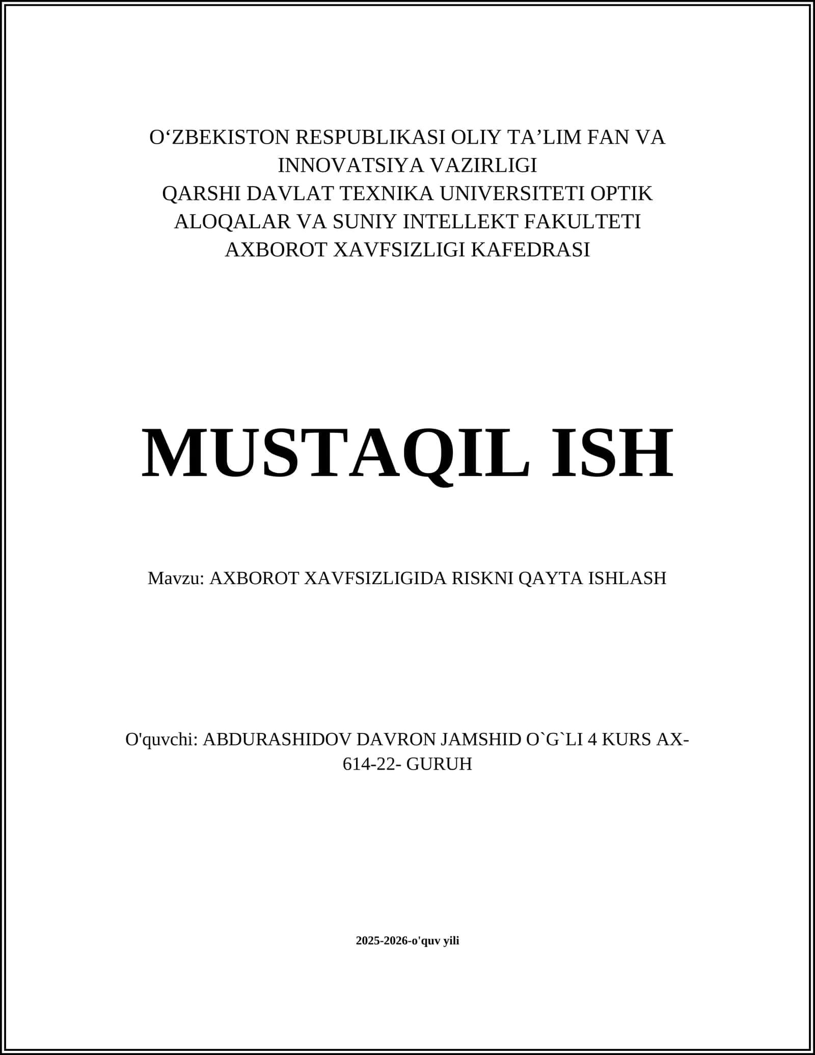 Axborot xavfsizligida risklarni qayta ishlash 1