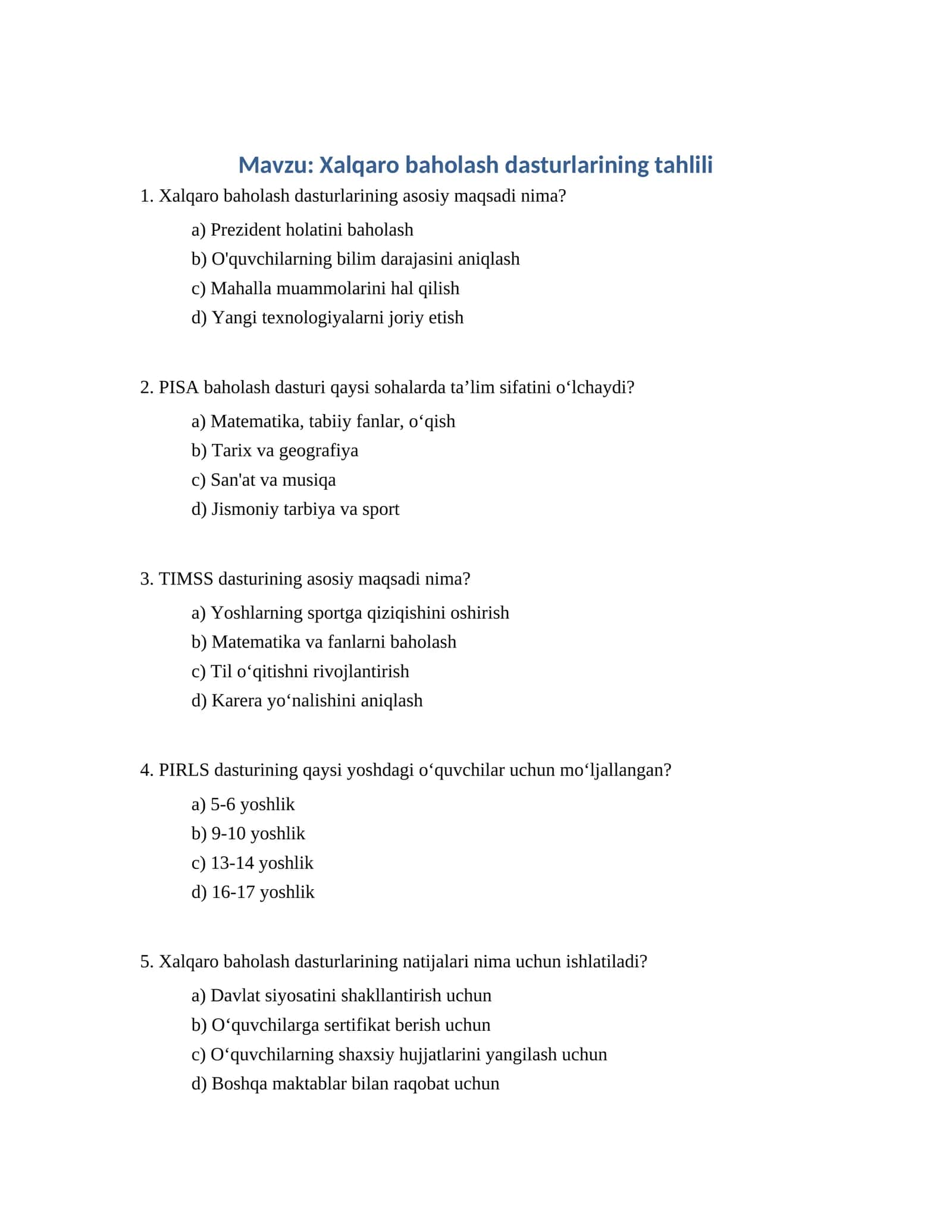 Xalqaro baholash dasturlarining tahlili 1