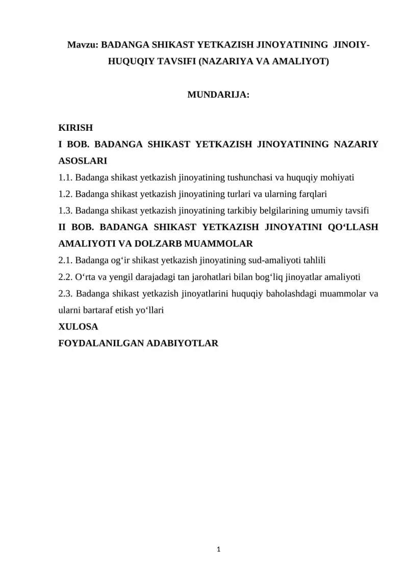 BADANGA SHIKAST YETKAZISH JINOYATI 1