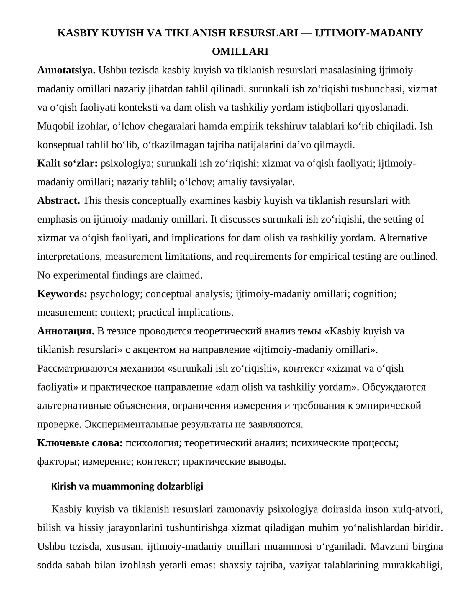 KASBIY KUYISH VA TIKLANISH RESURSLARI — IJTIMOIY-MADANIY OMILLARI 1