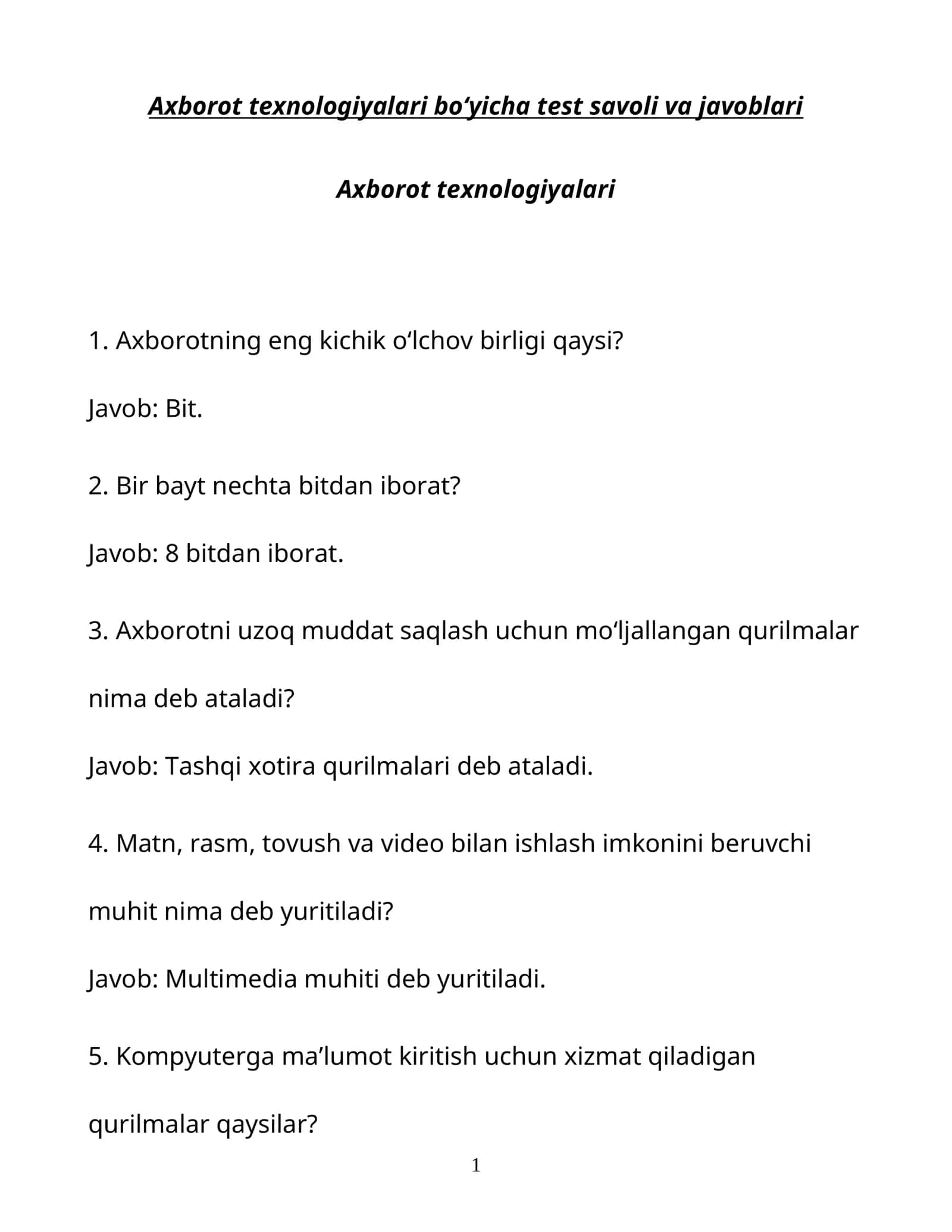 Axborot texnologiyalari bo‘yicha test savoli va javoblari 1