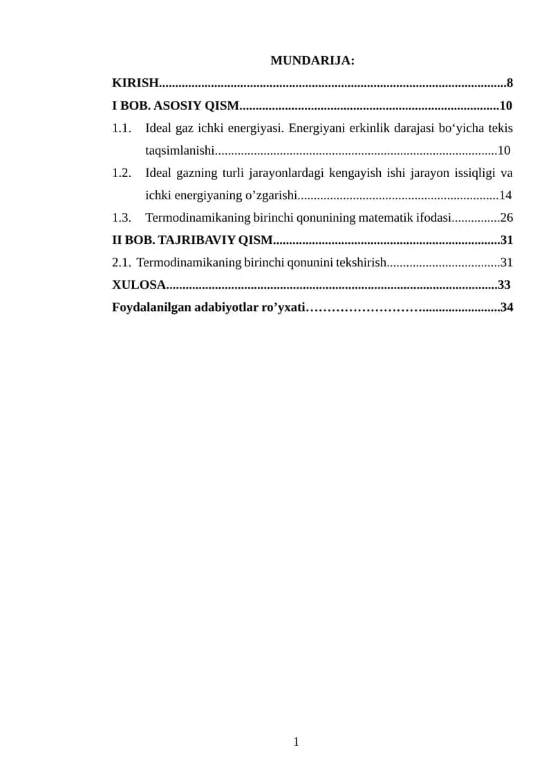 Termodinamikaning 1-qonuni kurs ishi 1