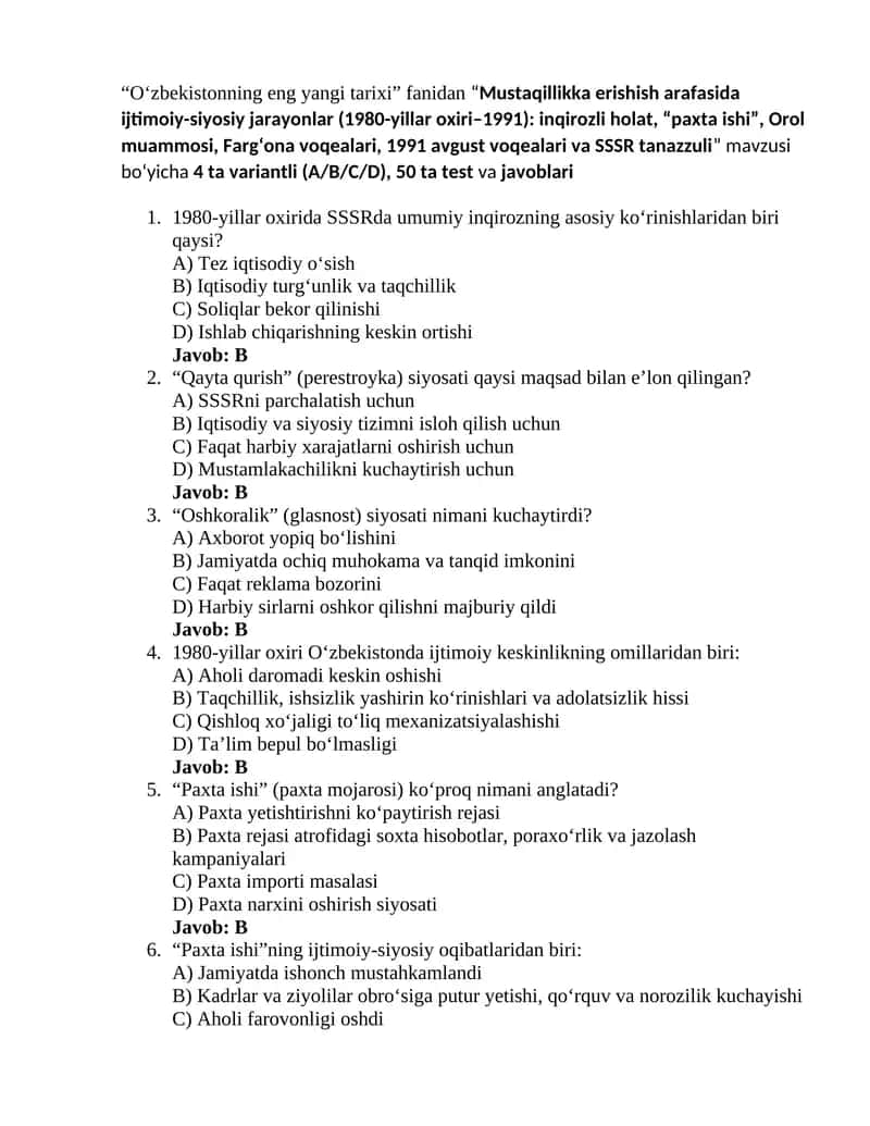 Oʻzbekistonning eng yangi tarixi 3-test 1
