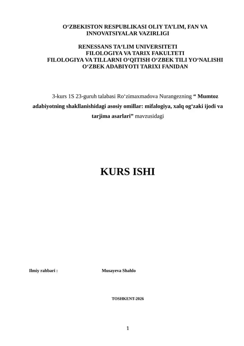 Mumtoz adabiyotning shakllanishidagi asosiy omillar: mifalogiya, xalq og‘zaki ijodi va tarjima asar 1