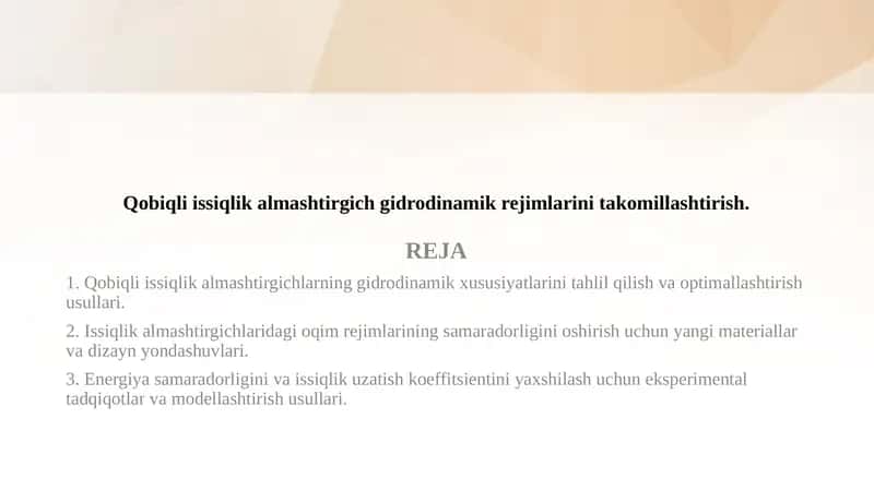 Qobiqli issiqlik almashtirgich gidrodinamik rejimlarini takomillashtirish. 1