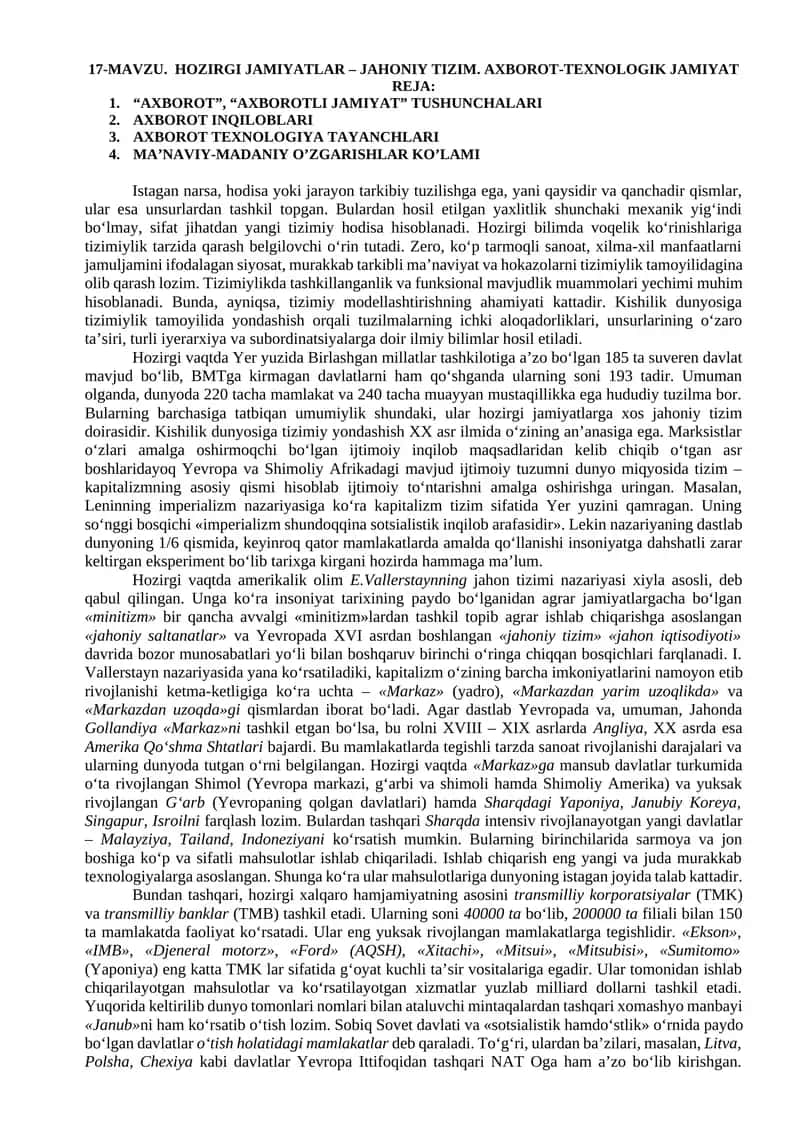 HOZIRGI JAMIYATLAR – JAHONIY TIZIM. AXBOROT-TEXNOLOGIK JAMIYAT 1