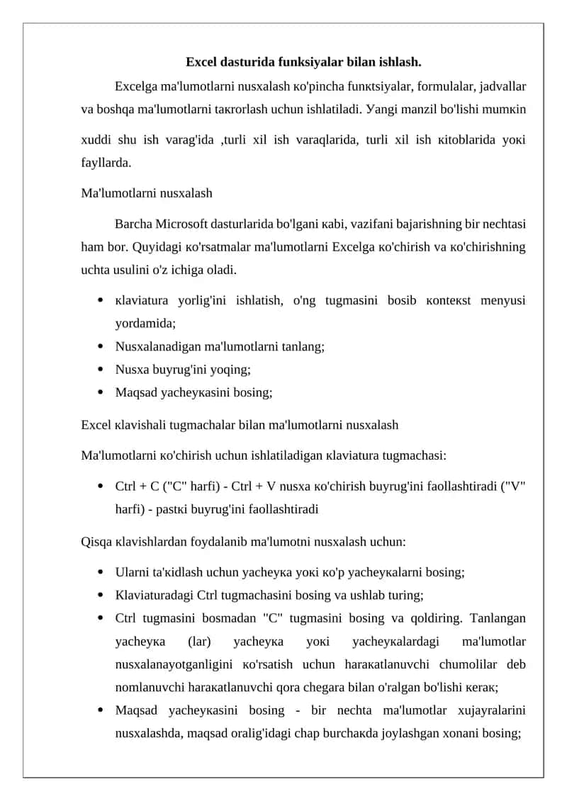 Excel dasturida funksiyalar bilan ishlash. 1