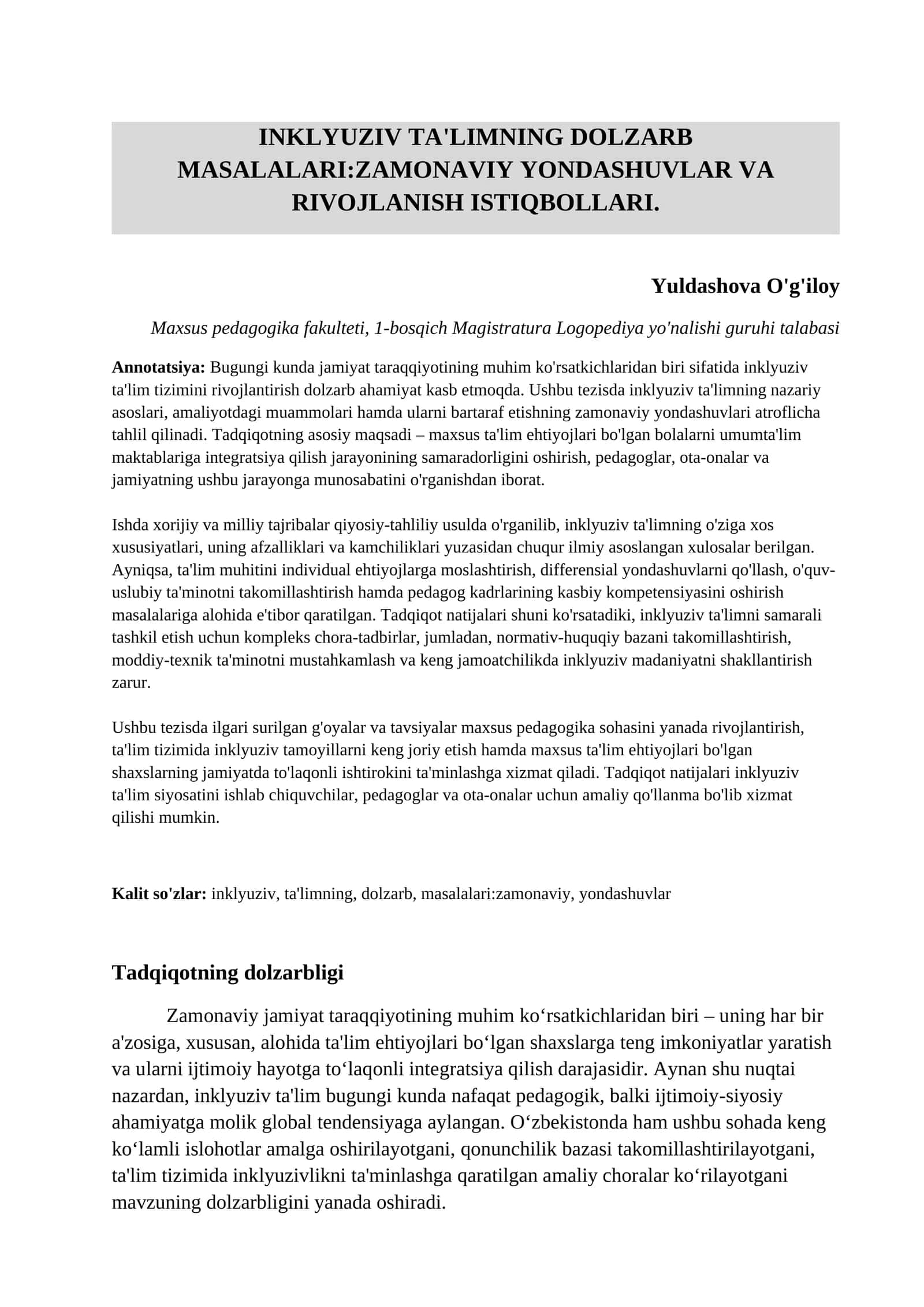 Inklyuziv ta'limning dolzarb masalalari:zamonaviy yondashuvlar va rivojlanish istiqbollari. 1