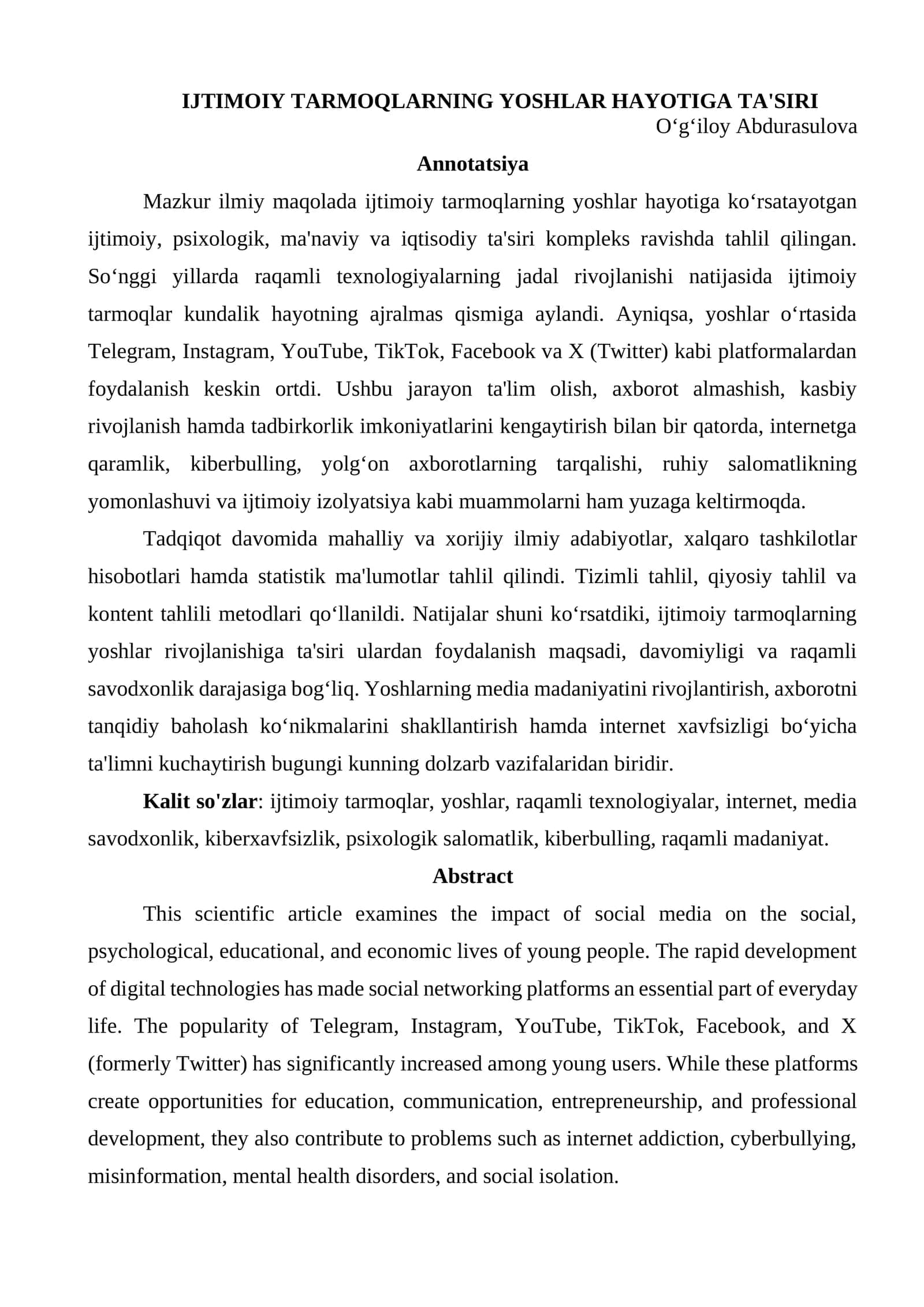 IJTIMOIY TARMOQLARNING YOSHLAR HAYOTIGA TA'SIRI 1