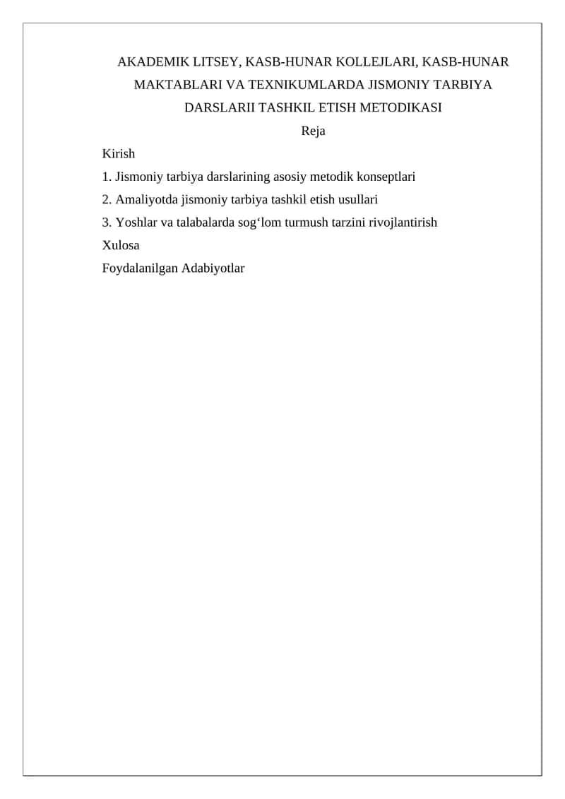Jismoniy tarbiya darslarini tashkil etish metodikasi 1