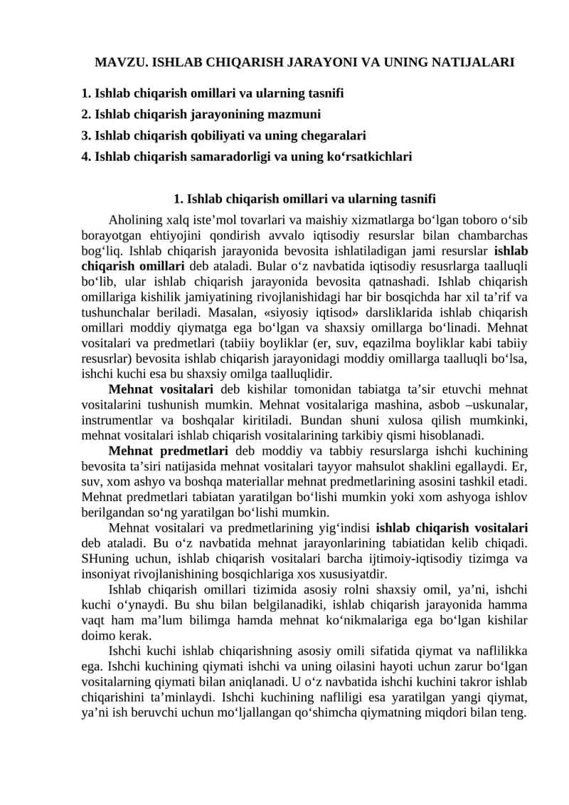 Ishlab chiqarish jarayoni va uning natijalari 1