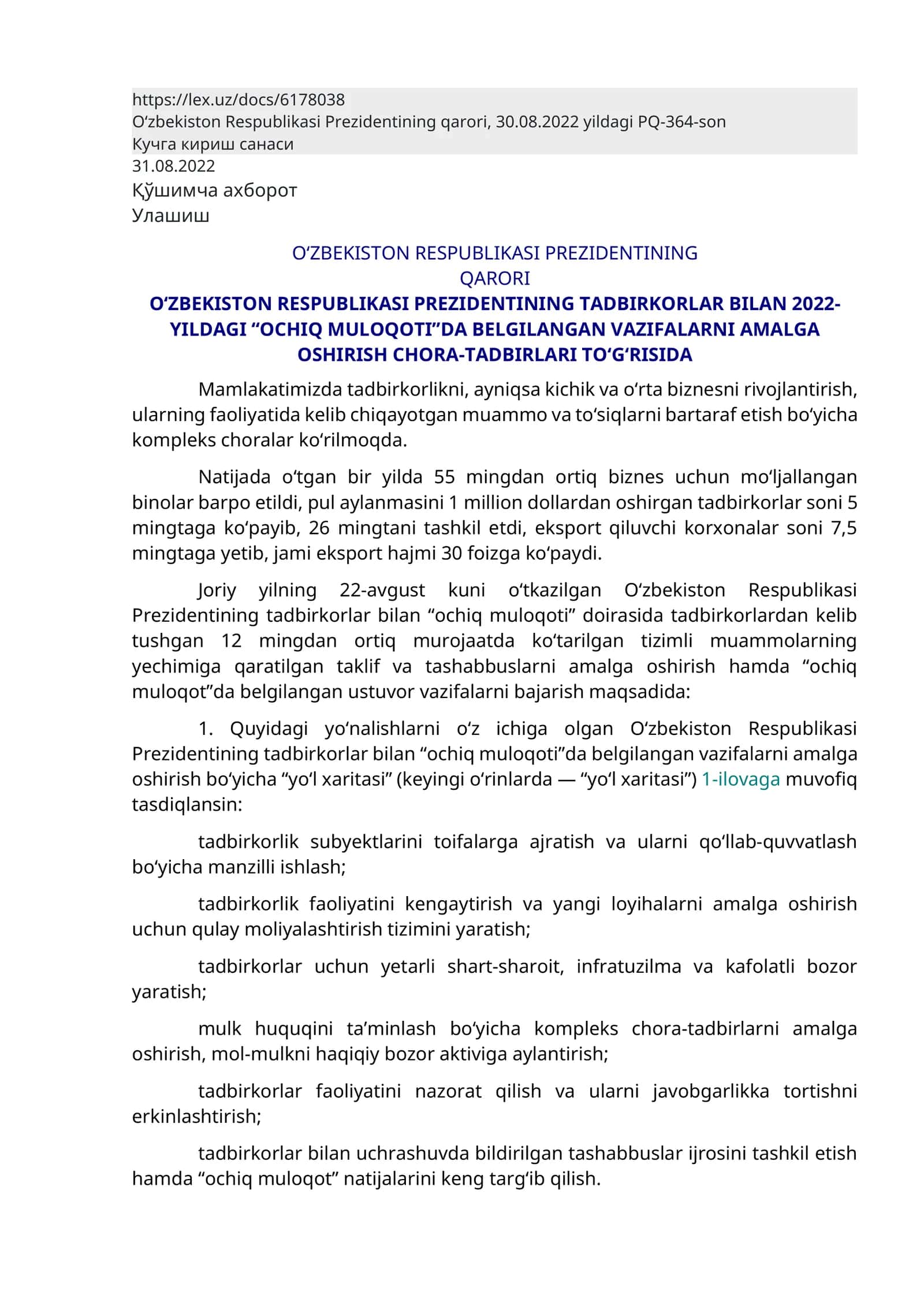 O‘ZBEKISTON RESPUBLIKASI PREZIDENTINING TADBIRKORLAR BILAN 2022-YILDAGI “OCHIQ MULOQOTI”DA BELGILANGAN VAZIFALARNI AMALGA OSHIRISH CHORA-TADBIRLARI TO‘G‘RISIDA 1