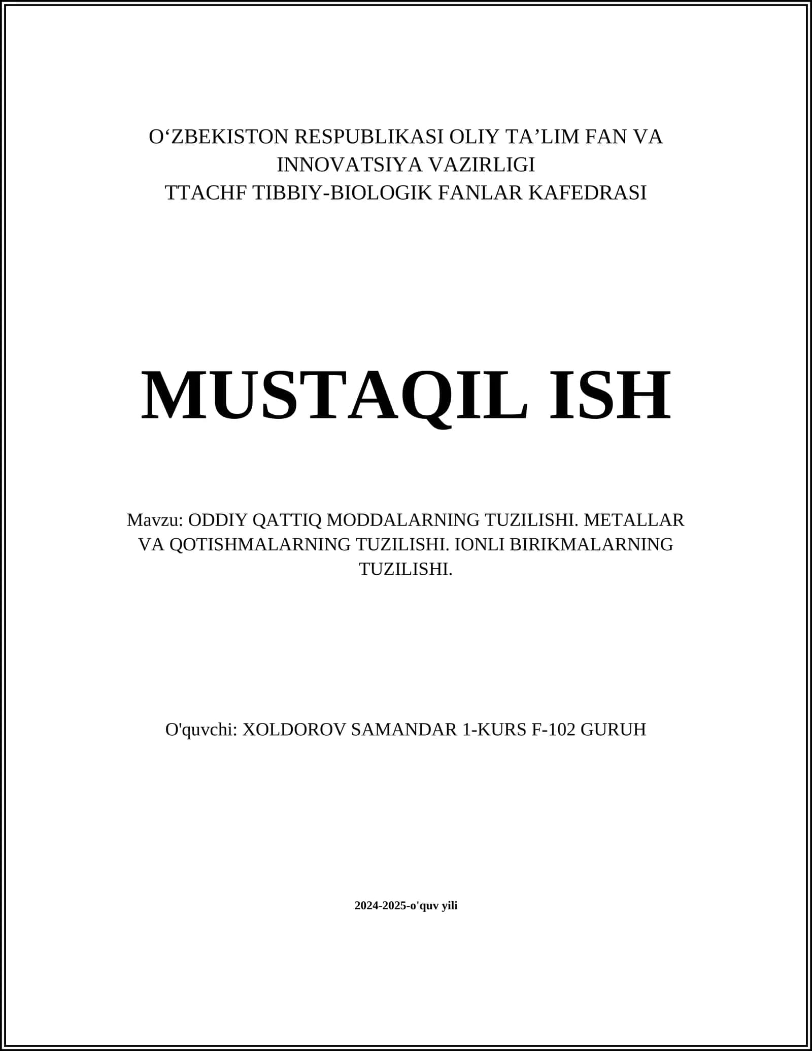 Oddiy qattiq moddalarning kristall tuzilishi 1