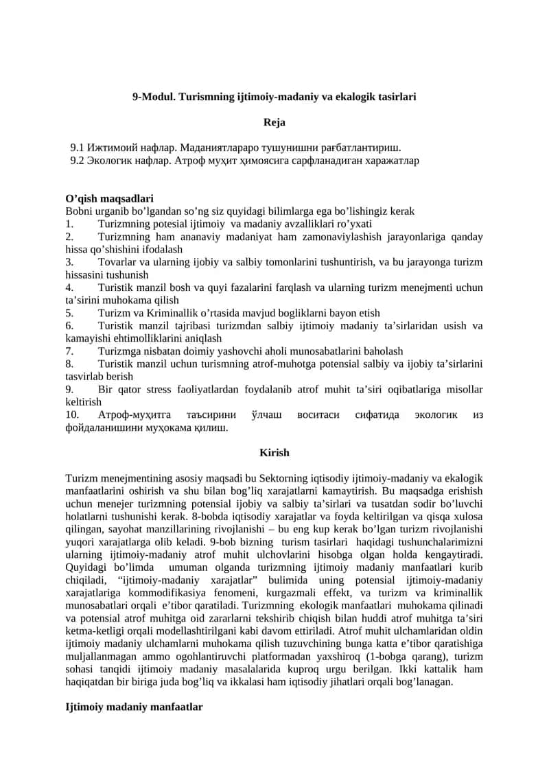 Turizmning ijtimoiy-madaniy va ekalogik tasirlari 1