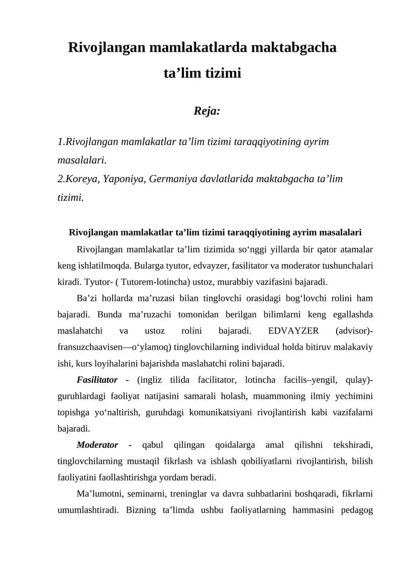 Rivojlangan mamlakatlarda maktabgacha ta'lim tizimi 1