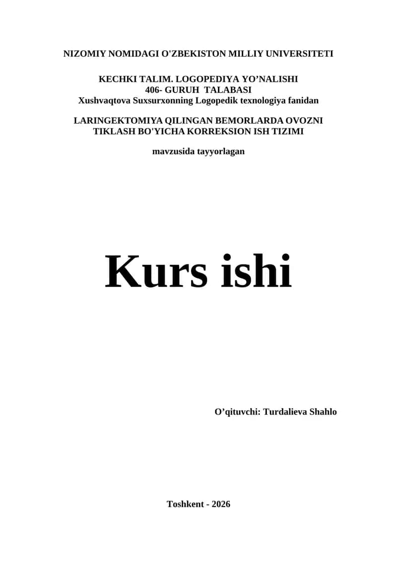 LARINGEKTOMIYA QILINGAN BEMORLARDA OVOZNI TIKLASH BO'YICHA KORREKSION ISH TIZIMI 1