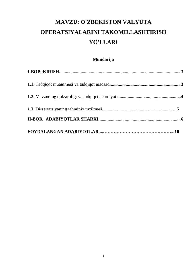 O'ZBEKISTON VALYUTA OPERATSIYALARINI TAKOMILLASHTIRISH YO'LLARI 1
