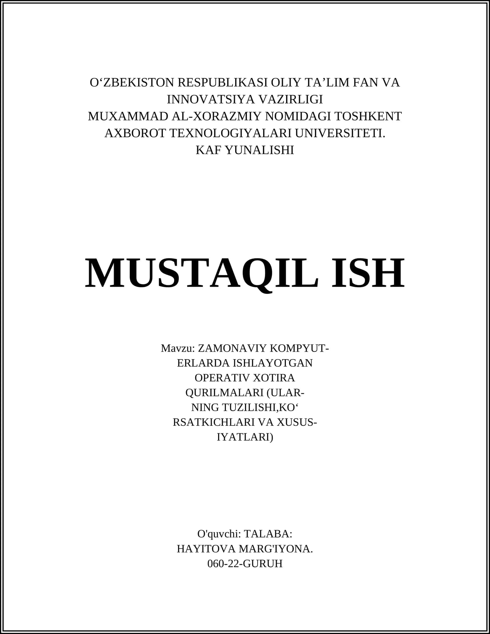 ZAMONAVIY KOMPYUT- ERlarda ISHLAYOTGAN OPERATIV XOTIRA QURILMALARI (ULARNING TUZILISHI, KO‘RSATKICHLARI VA XUSUSIYATLARI) 1
