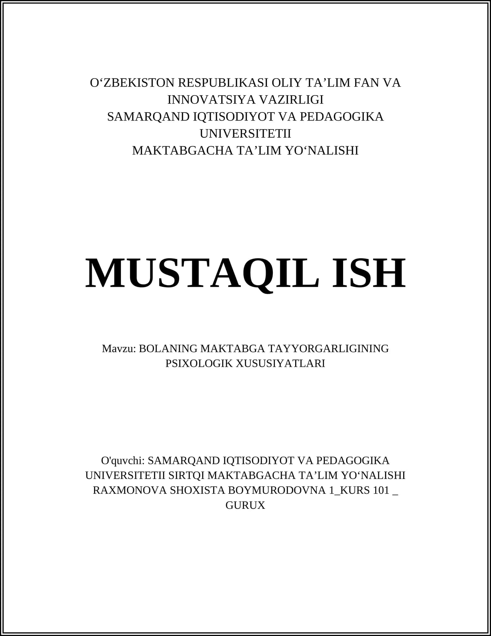 BOLANING MAKTABGA TAYYORGARLIGINING PSIXOLOGIK XUSUSIYATLARI 1