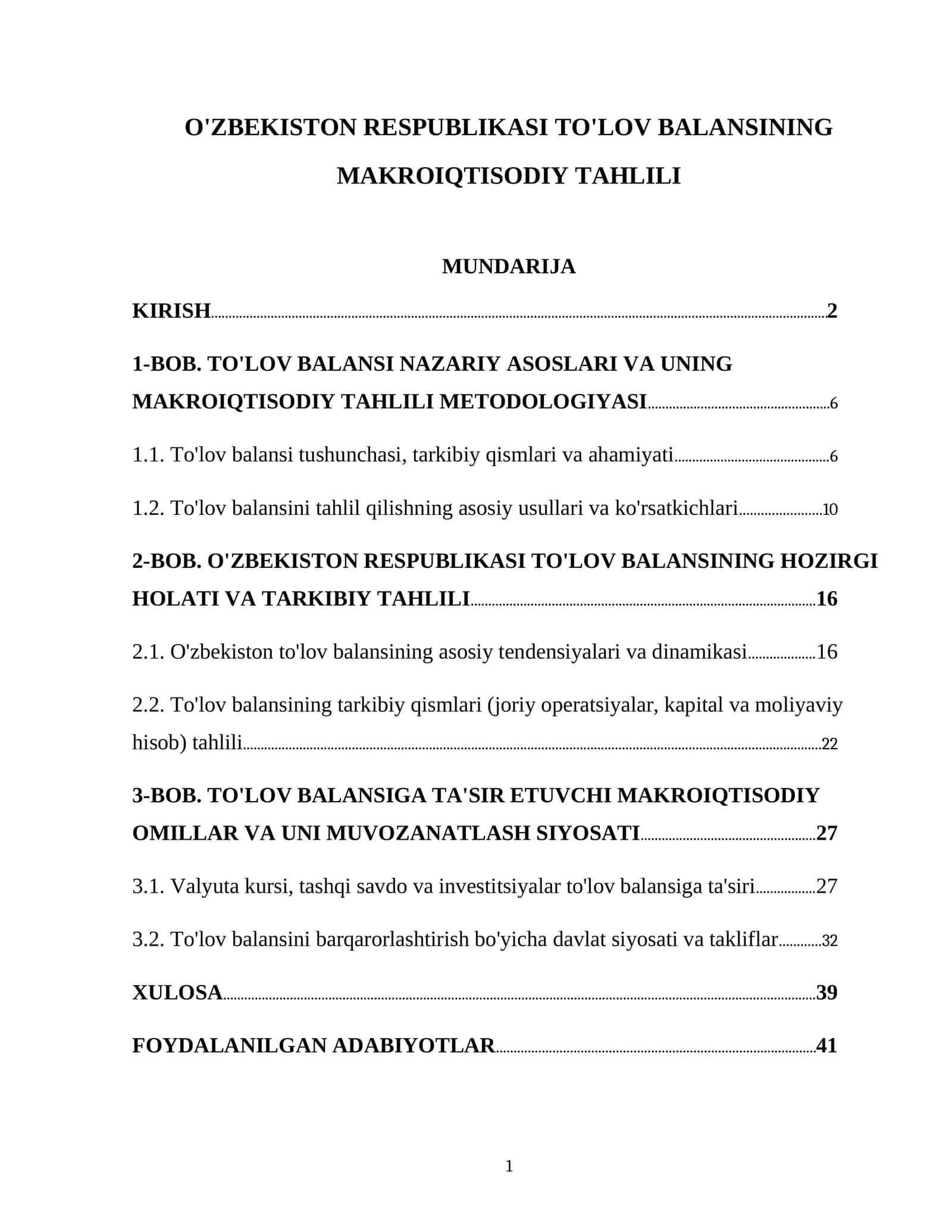 O'ZBEKISTON RESPUBLIKASI TO'LOV BALANSINING MAKROIQTISODIY TAHLILI 1
