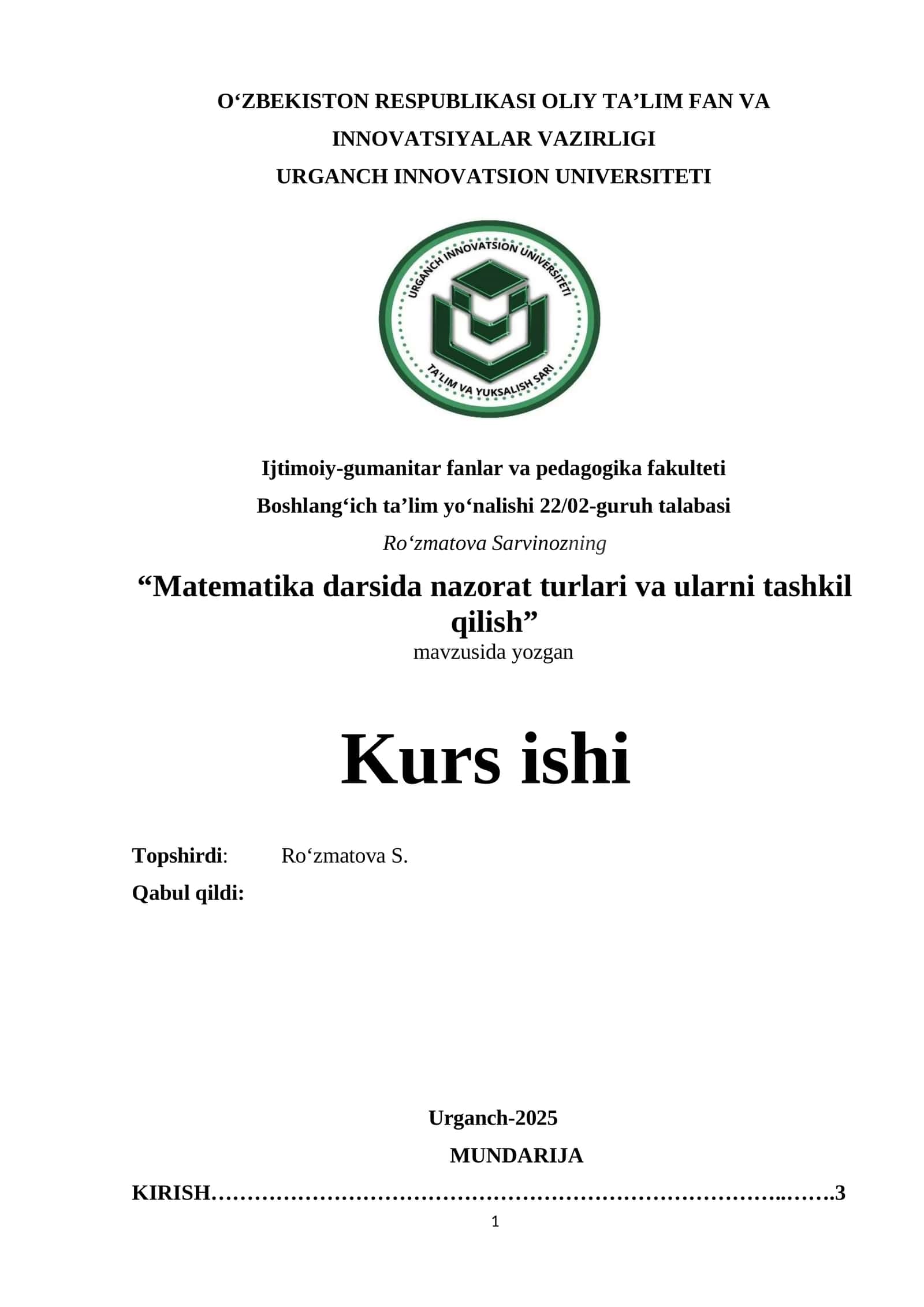 Matematika darsida nazorat turlari va ularni tashkil qilish 1