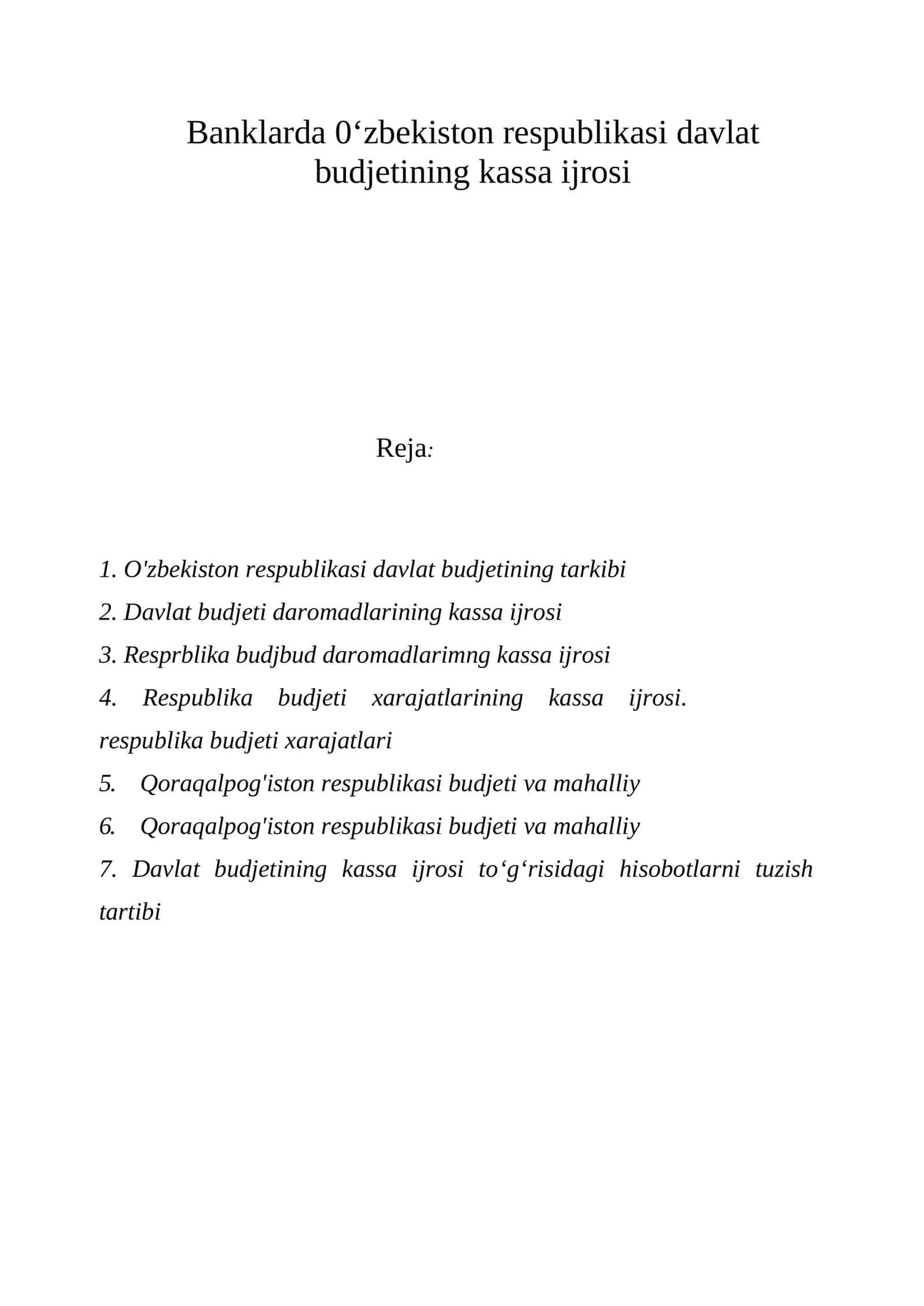 O'zbekiston respublikasi davlat budjetining kassa ijrosi 1