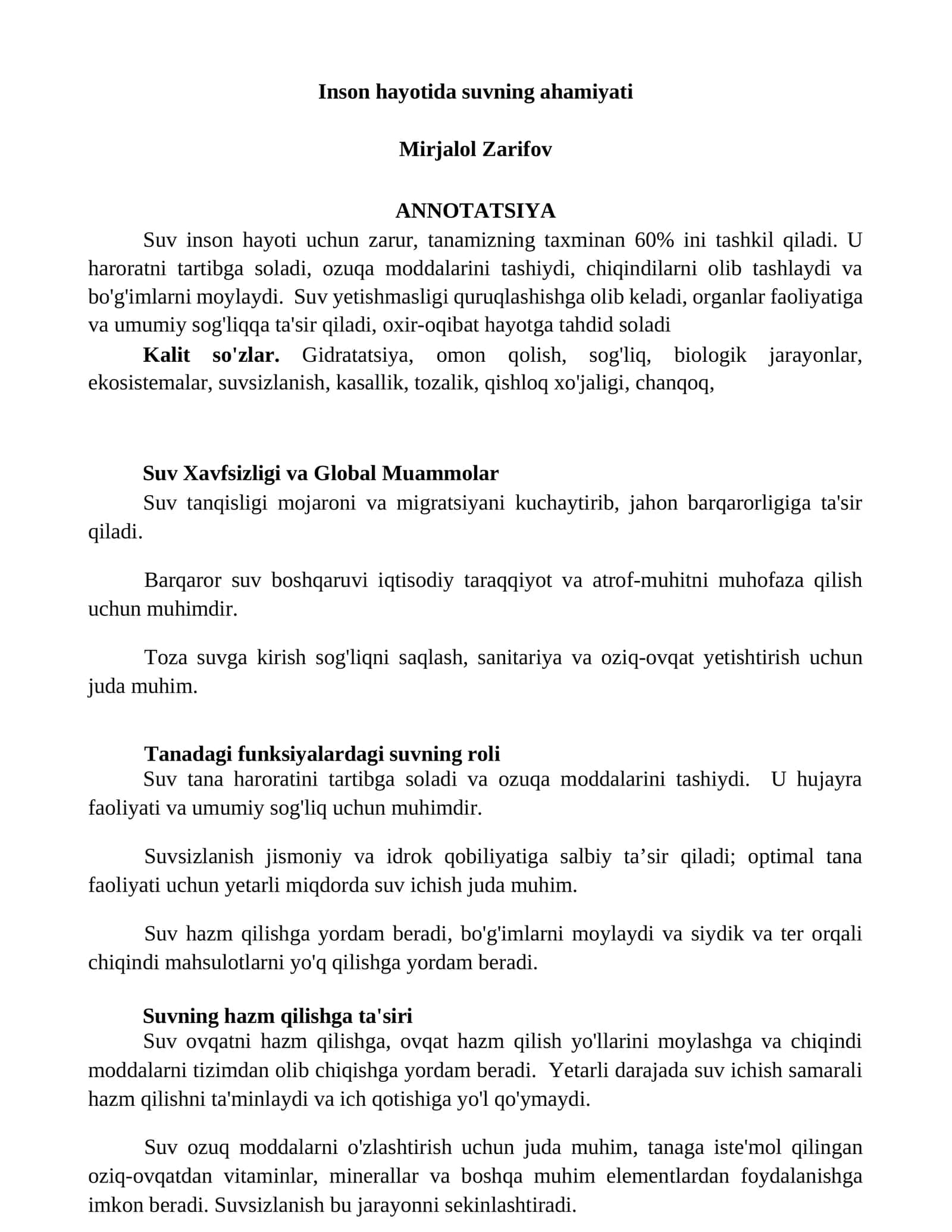 Inson hayotida suvning ahamiyati 1