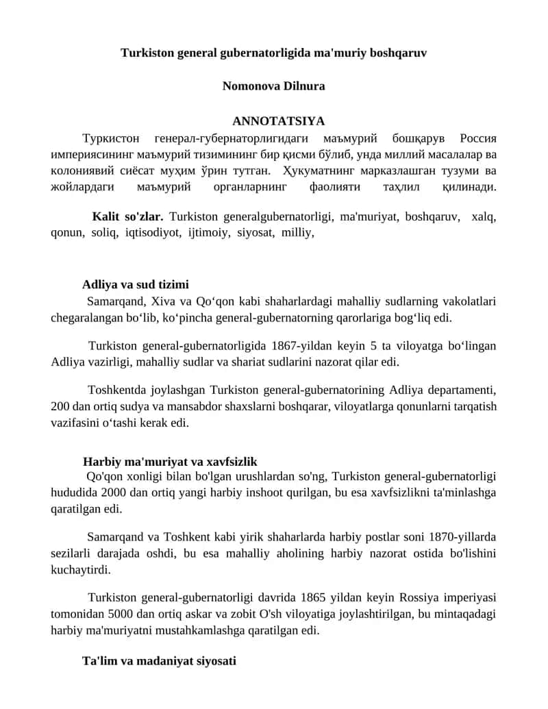 Turkiston general gubernatorligida ma'muriy boshqaruv 1