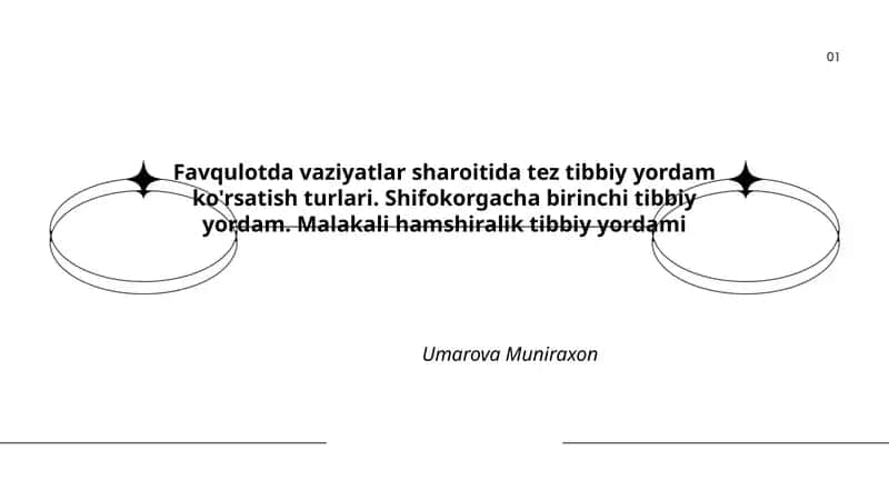 Favqulotda vaziyatlar sharoitida tez tibbiy yordam ko'rsatish turlari. Shifokorgacha birinchi tibbiy yordam. Malakali hamshiralik tibbiy yordami 1