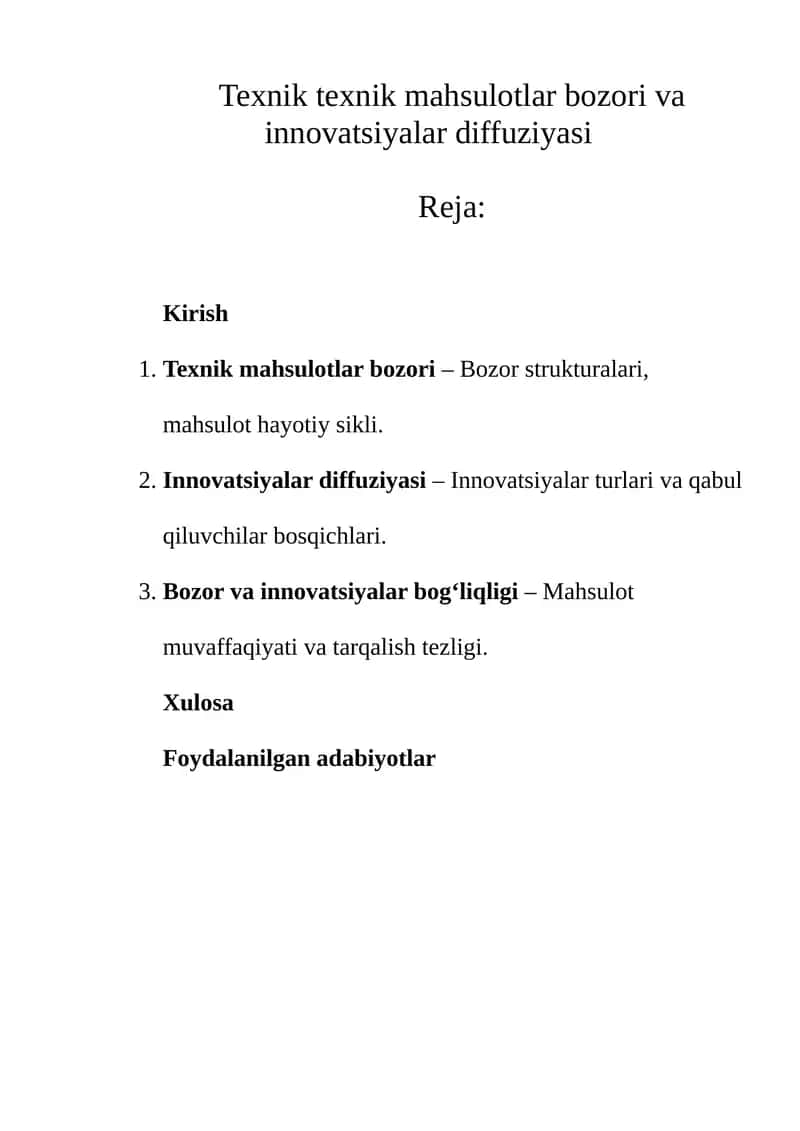 Texnik texnik mahsulotlar bozori va innovatsiyalar diffuziyasi 1