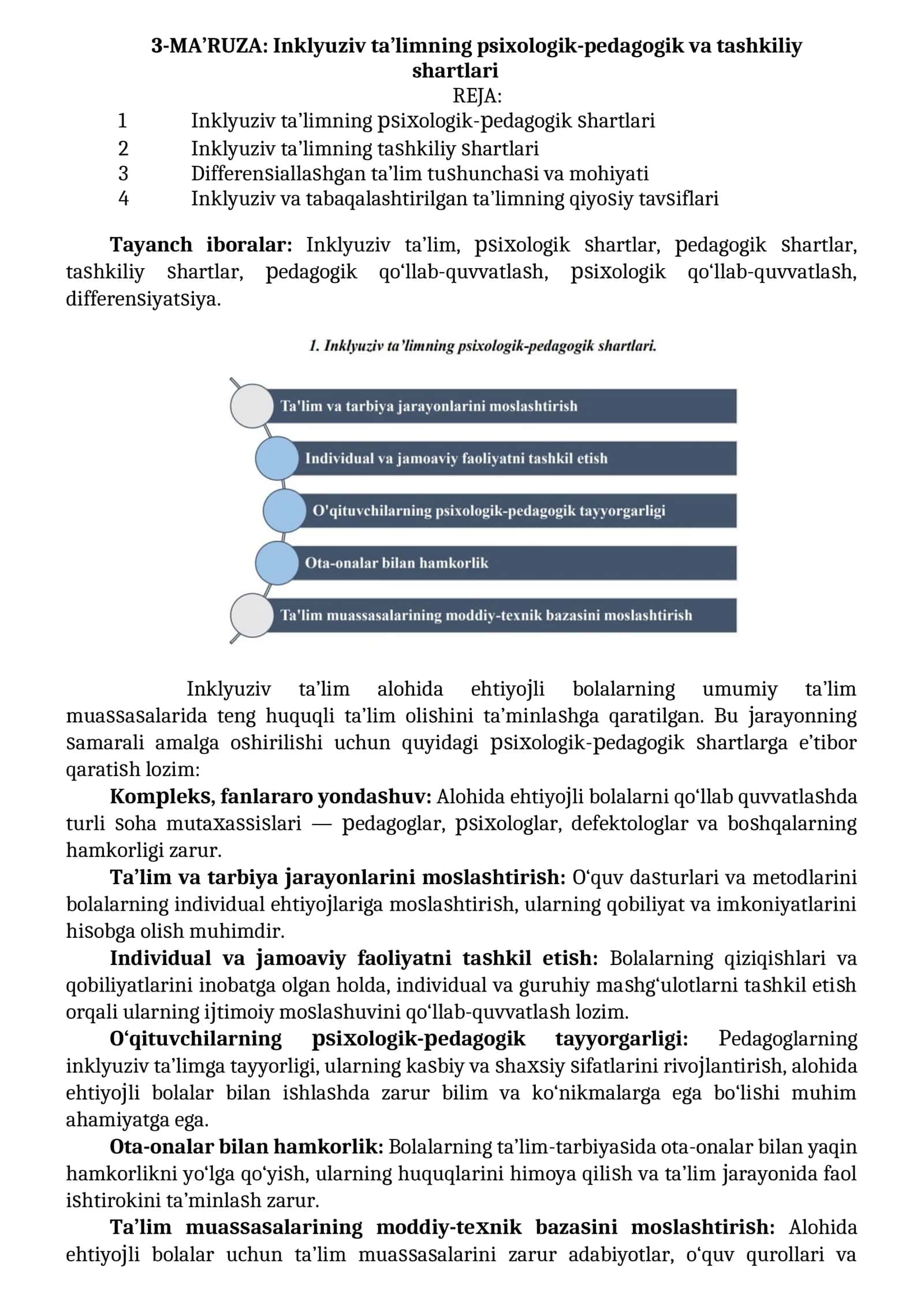 Inklyuziv ta’limning psixologik-pedagogik va tashkiliy shartlari. 1