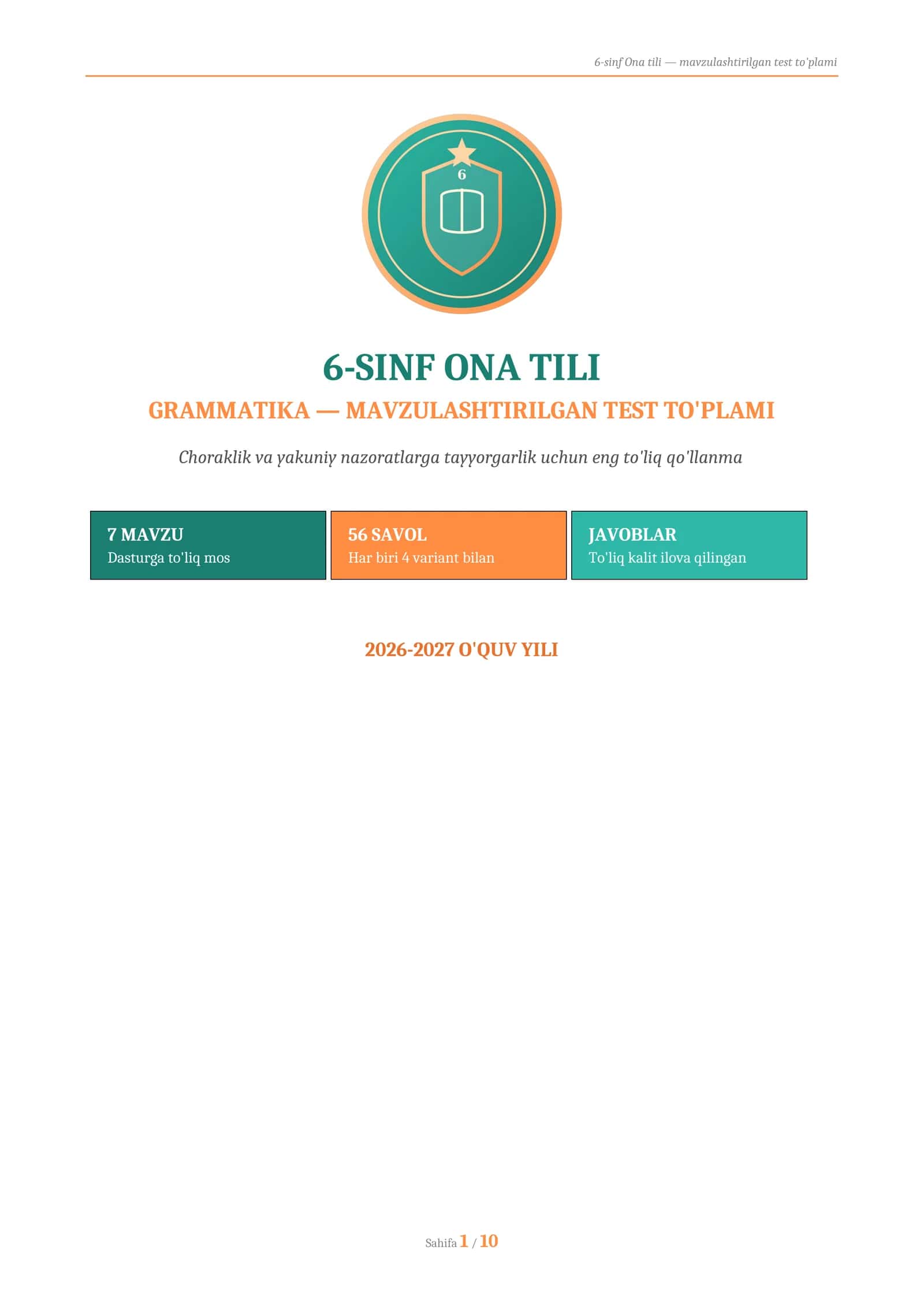 6-SINF ONA TILI — GRAMMATIKA MAVZULASHTIRILGAN TEST TO'PLAMI 2026 (56 savol, javoblari bilan) 1
