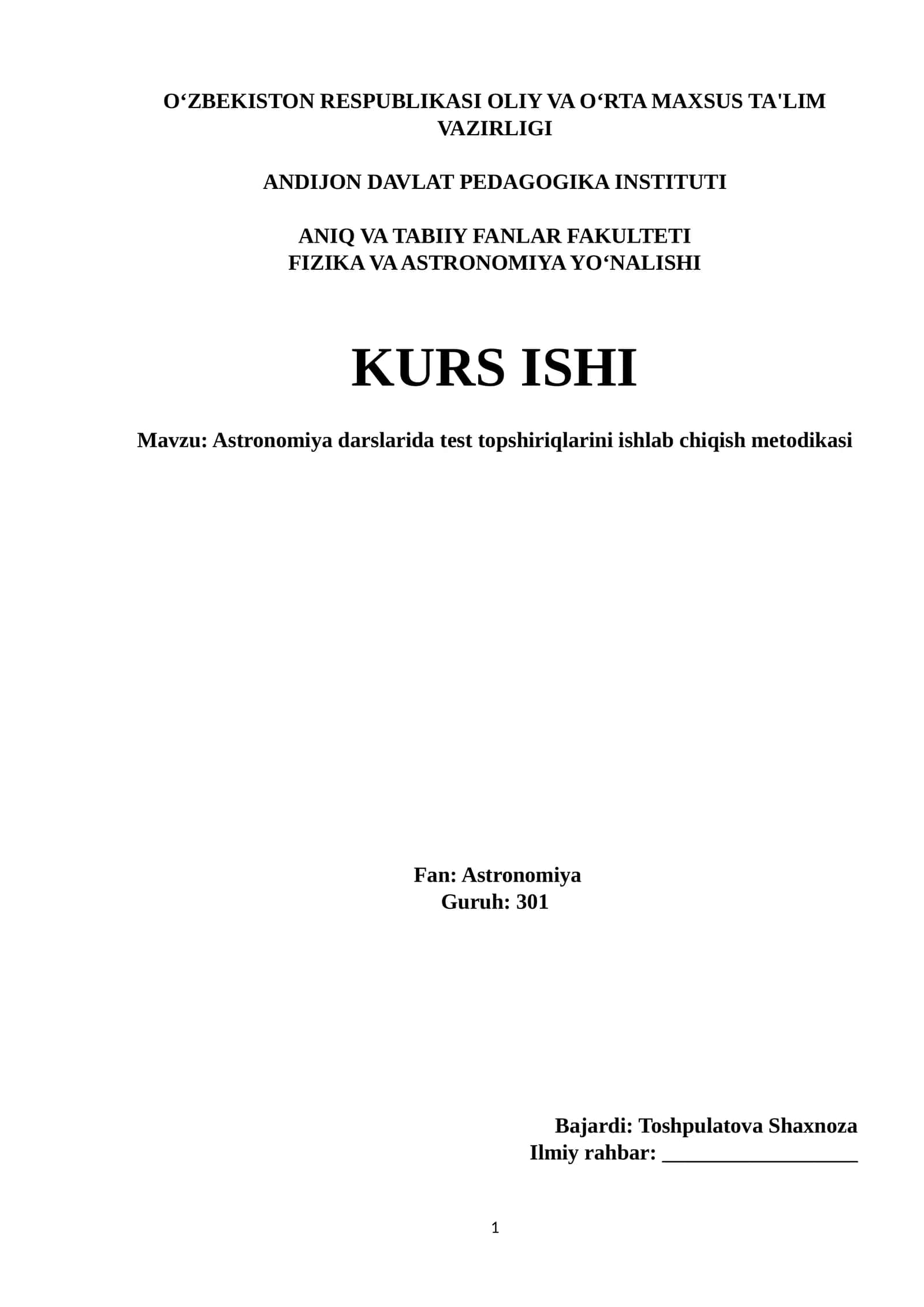 Astronomiya darslarida test topshiriqlarini ishlab chiqish metodikasi 1