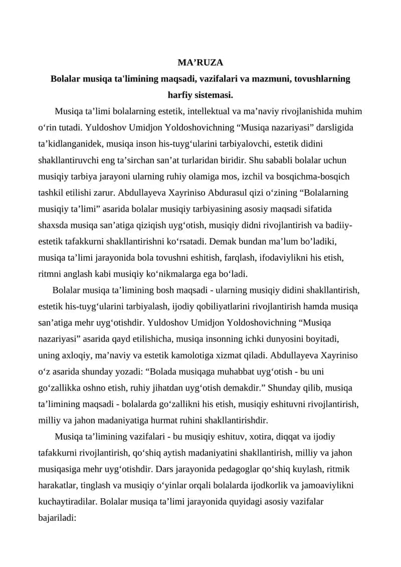 Bolalar musiqa ta'limining maqsadi, vazifalari va mazmuni, tovushlarning harfiy sistemasi. 1