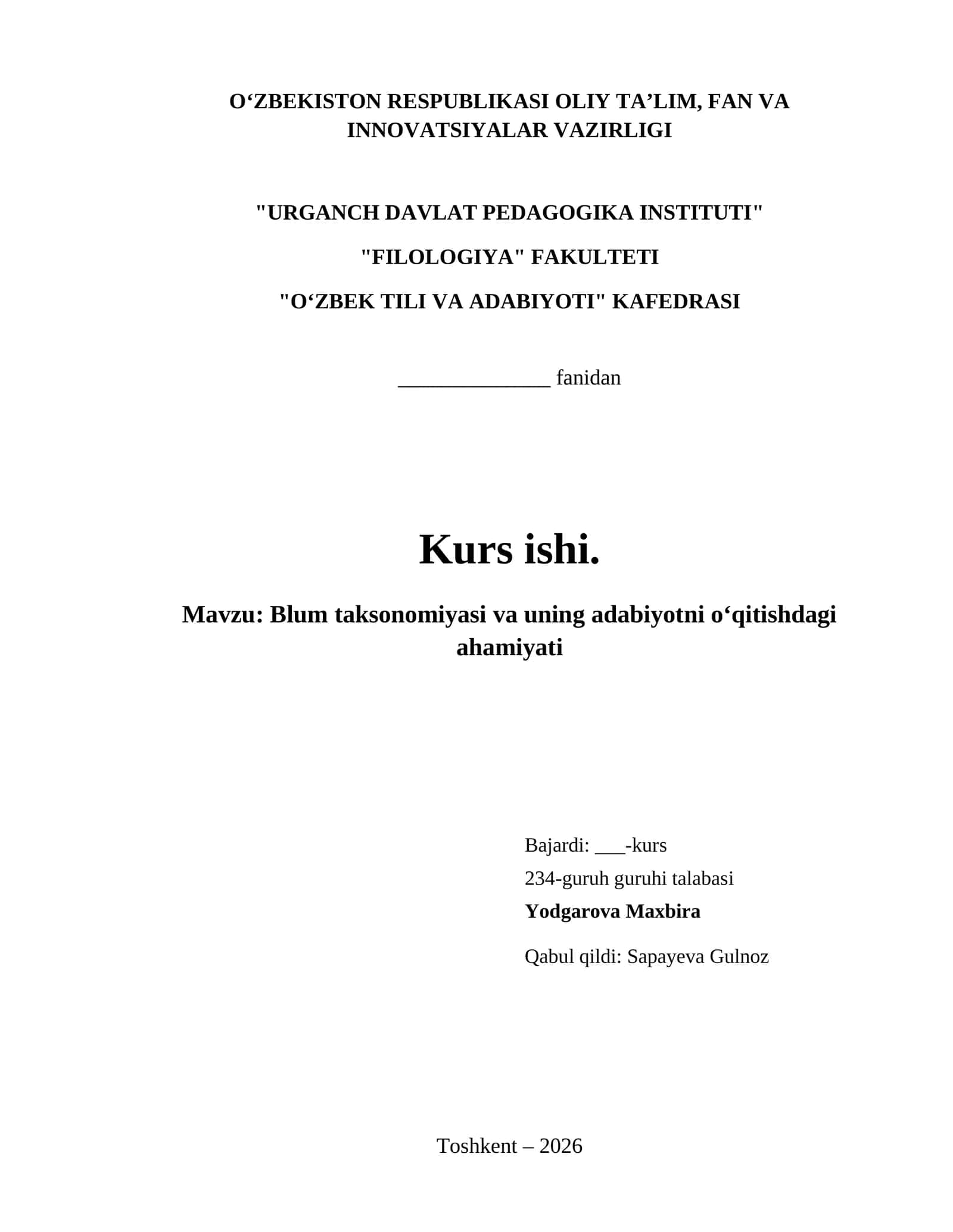 Blum taksonomiyasi va uning adabiyotni o‘qitishdagi ahamiyati 1