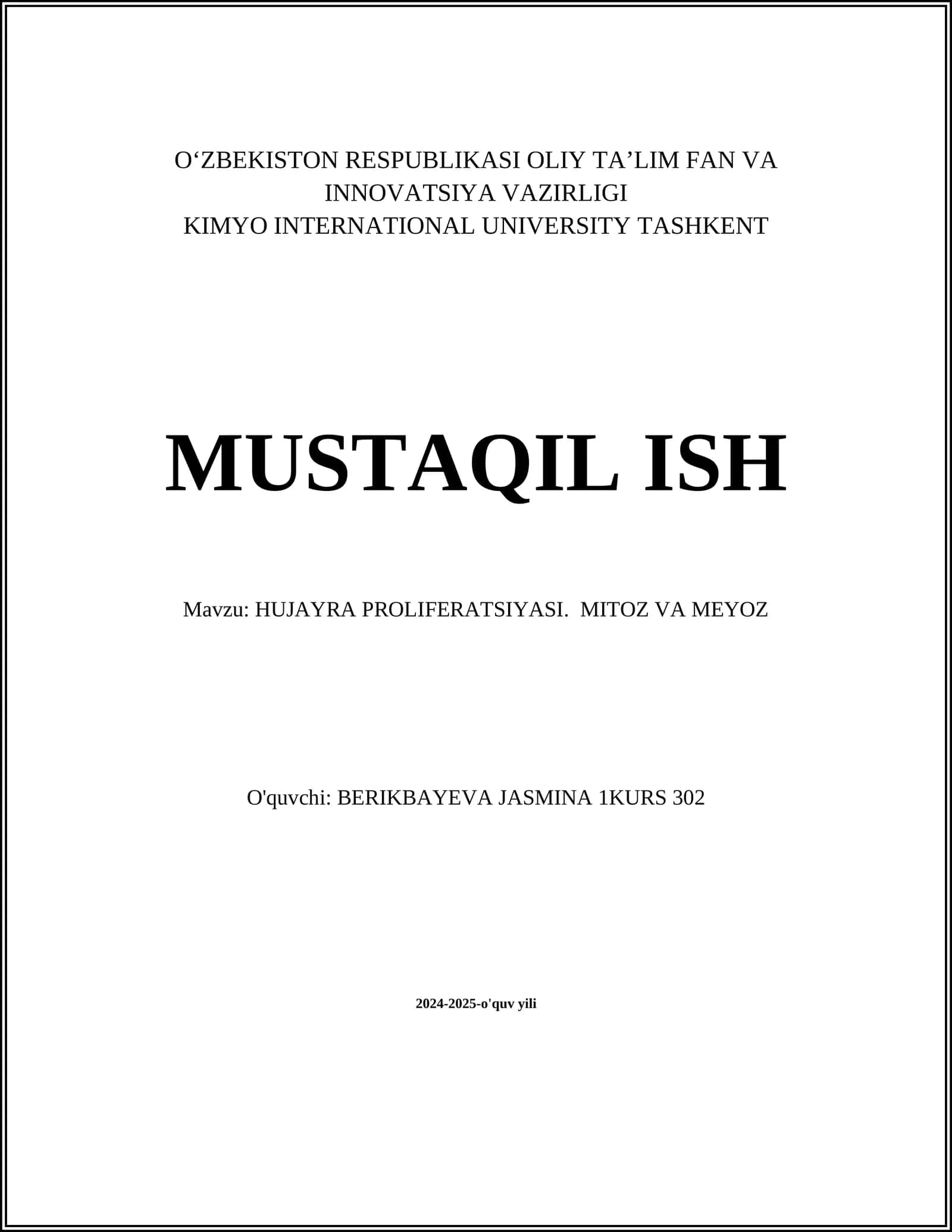 HUJAYRA PROLIFERATSIYASI. MITOZ VA MEYOZ 1