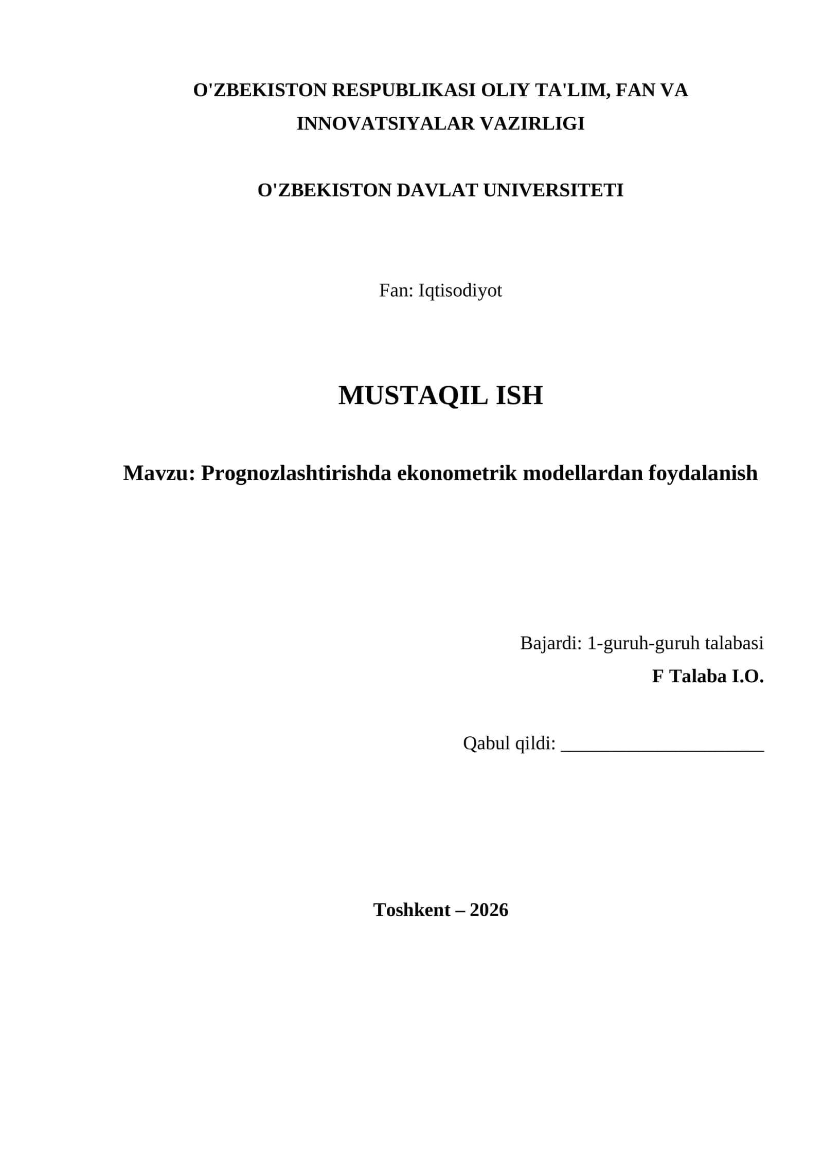 Prognozlashtirishda ekonometrik modellardan foydalanish 1