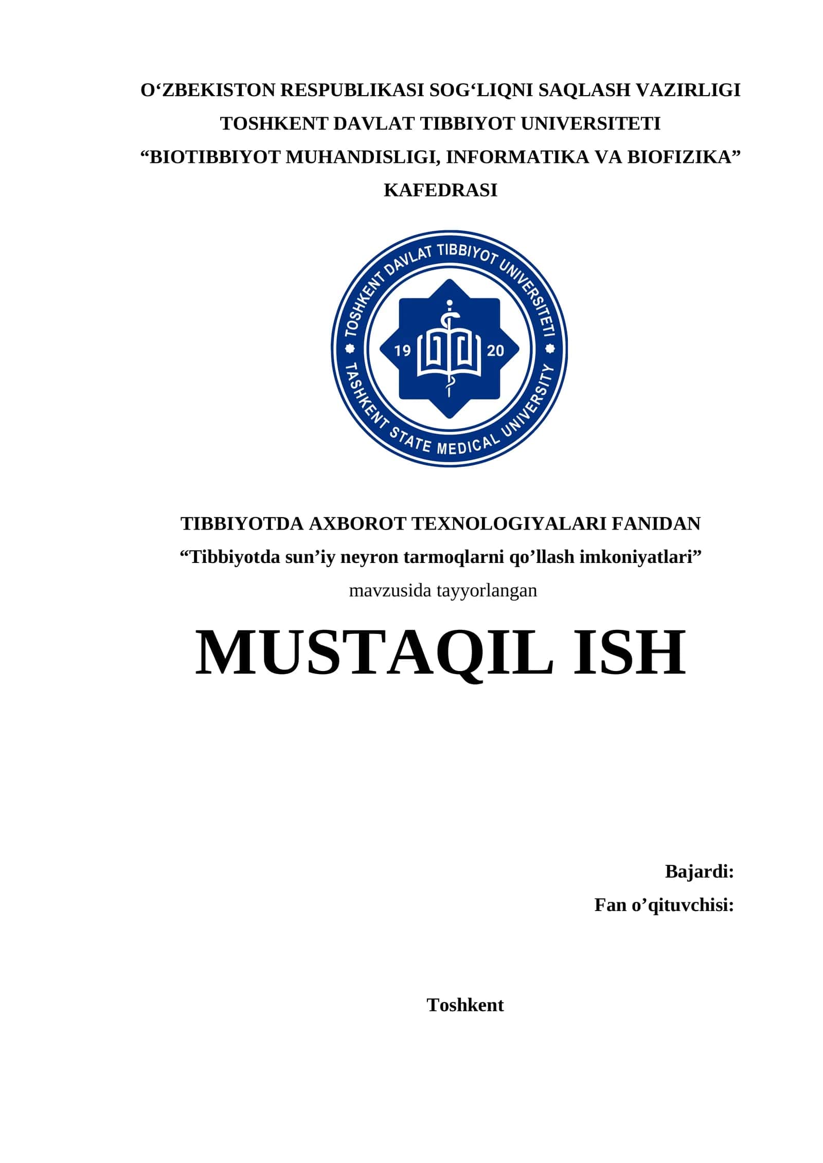 Tibbiyotda sun'iy neyron tarmoqlarni qoʻllash imkoniyatlari 1