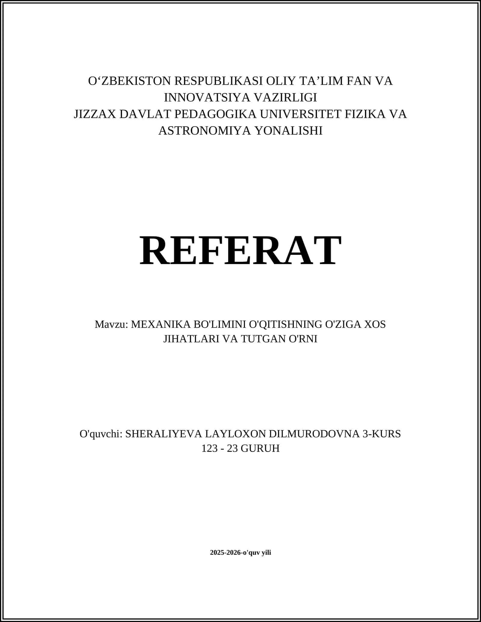 MEXANIKA BO'LIMINI O'QITISHNING O'ZIGA XOS JIHATLARI VA TUTGAN O'RNI 1