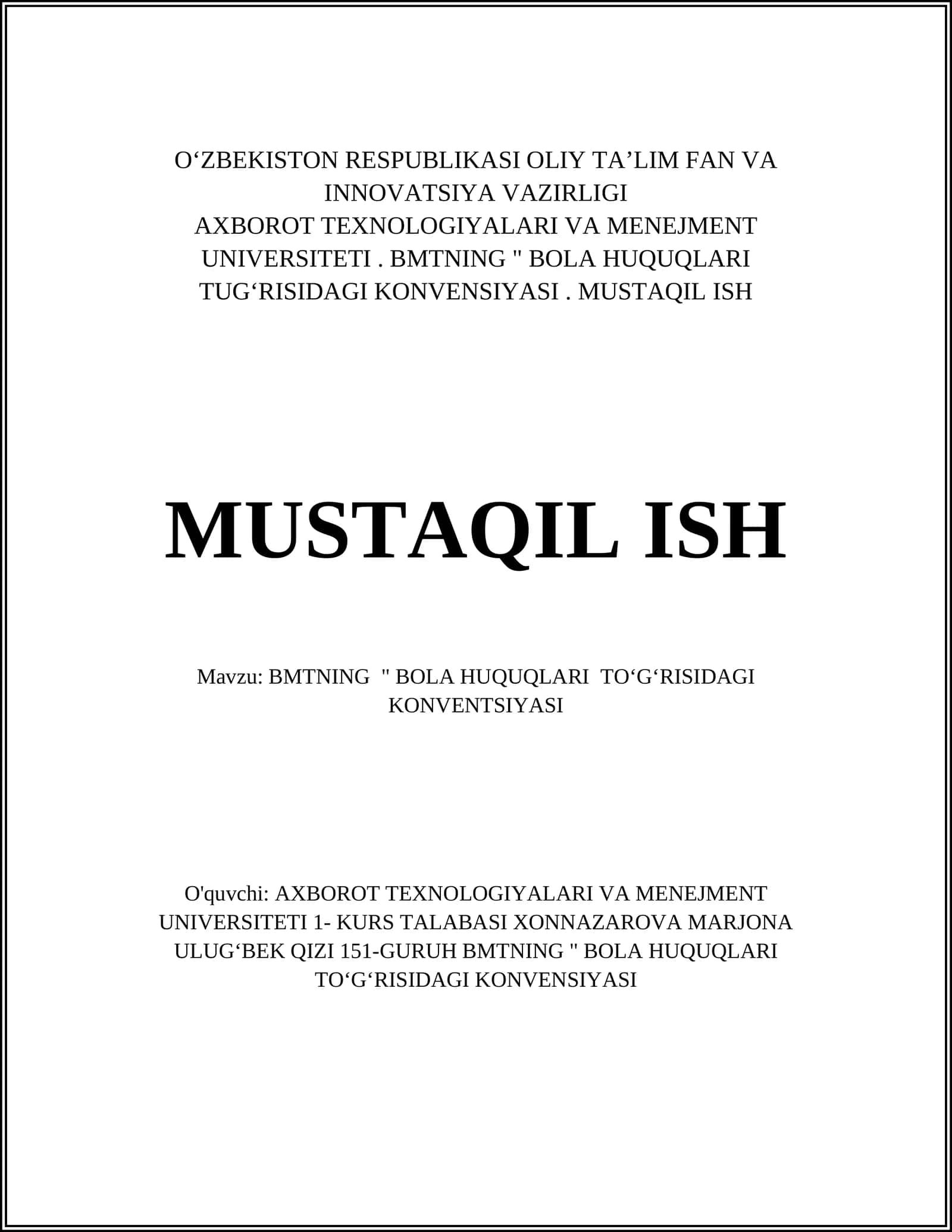 BMTNING " BOLA HUQUQLARI TOʻGʻRISIDAGI KONVENTSIYASI 1